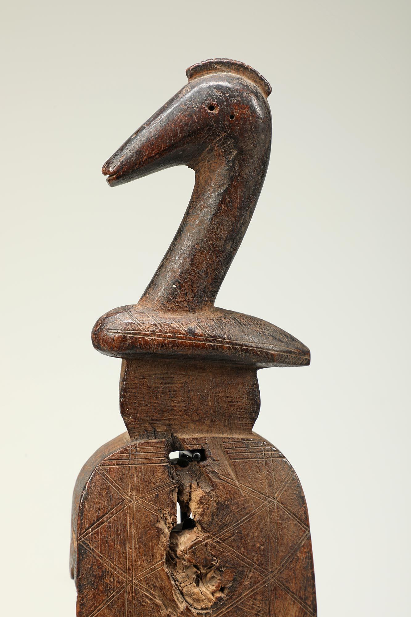Tribal Sweet Bird Topped Carved Wood Bambara Wood Door Lock, Mali Africa Mounted For Sale