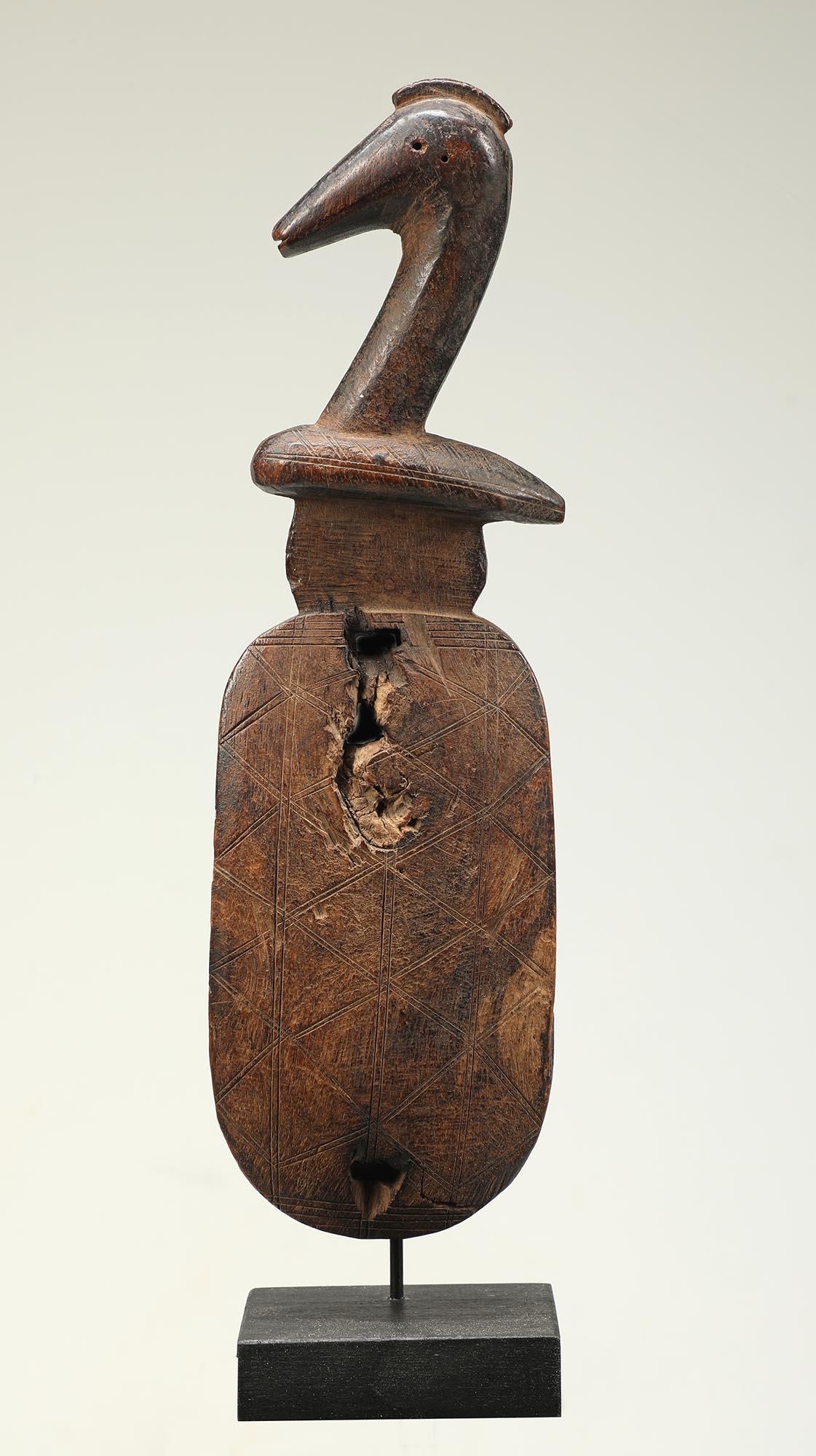 Malian Sweet Bird Topped Carved Wood Bambara Wood Door Lock, Mali Africa Mounted For Sale