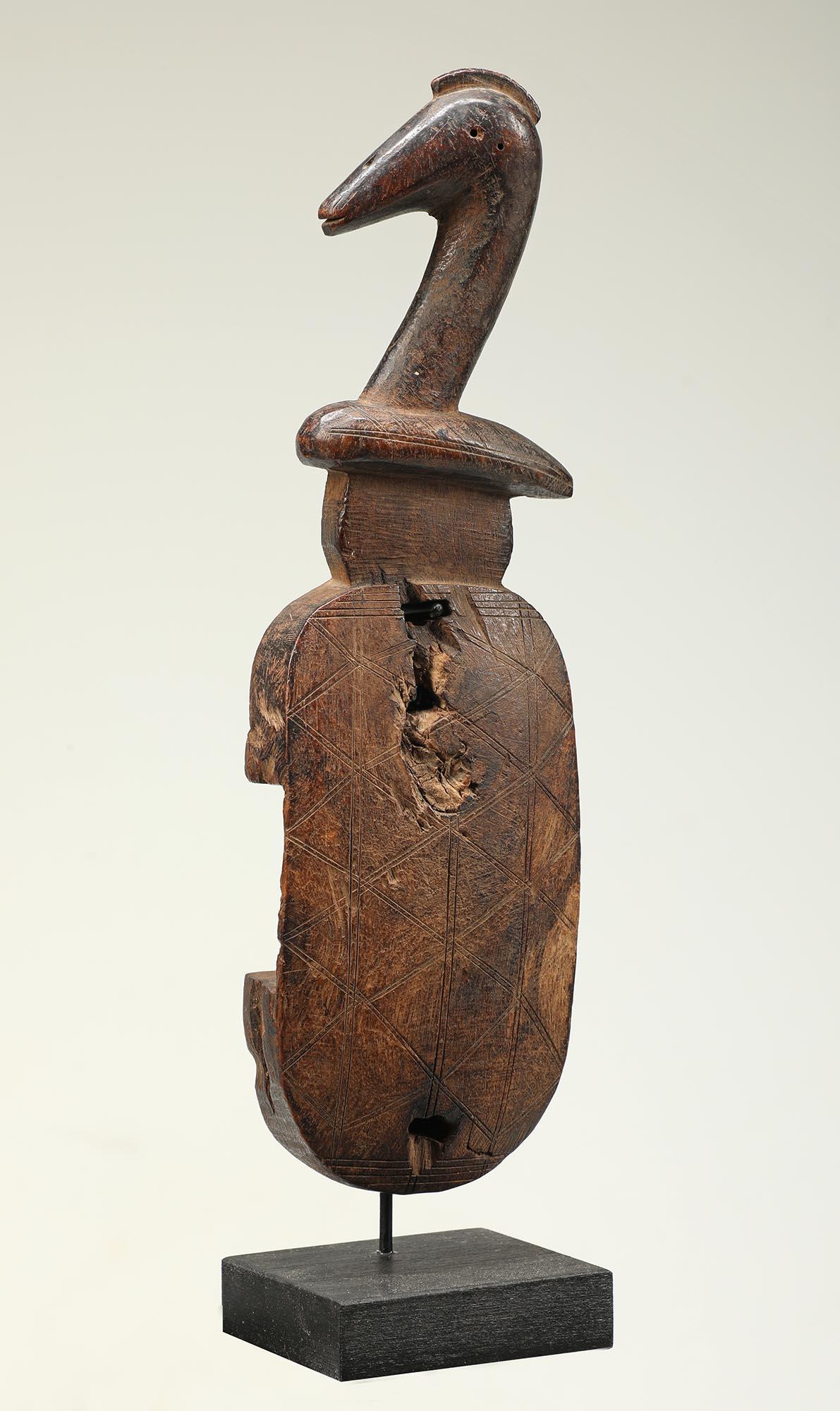 Hand-Carved Sweet Bird Topped Carved Wood Bambara Wood Door Lock, Mali Africa Mounted For Sale