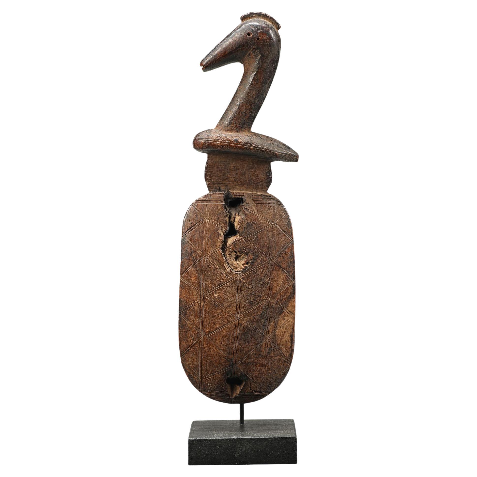 Sweet Bird Topped Carved Wood Bambara Wood Door Lock, Mali Africa Mounted For Sale