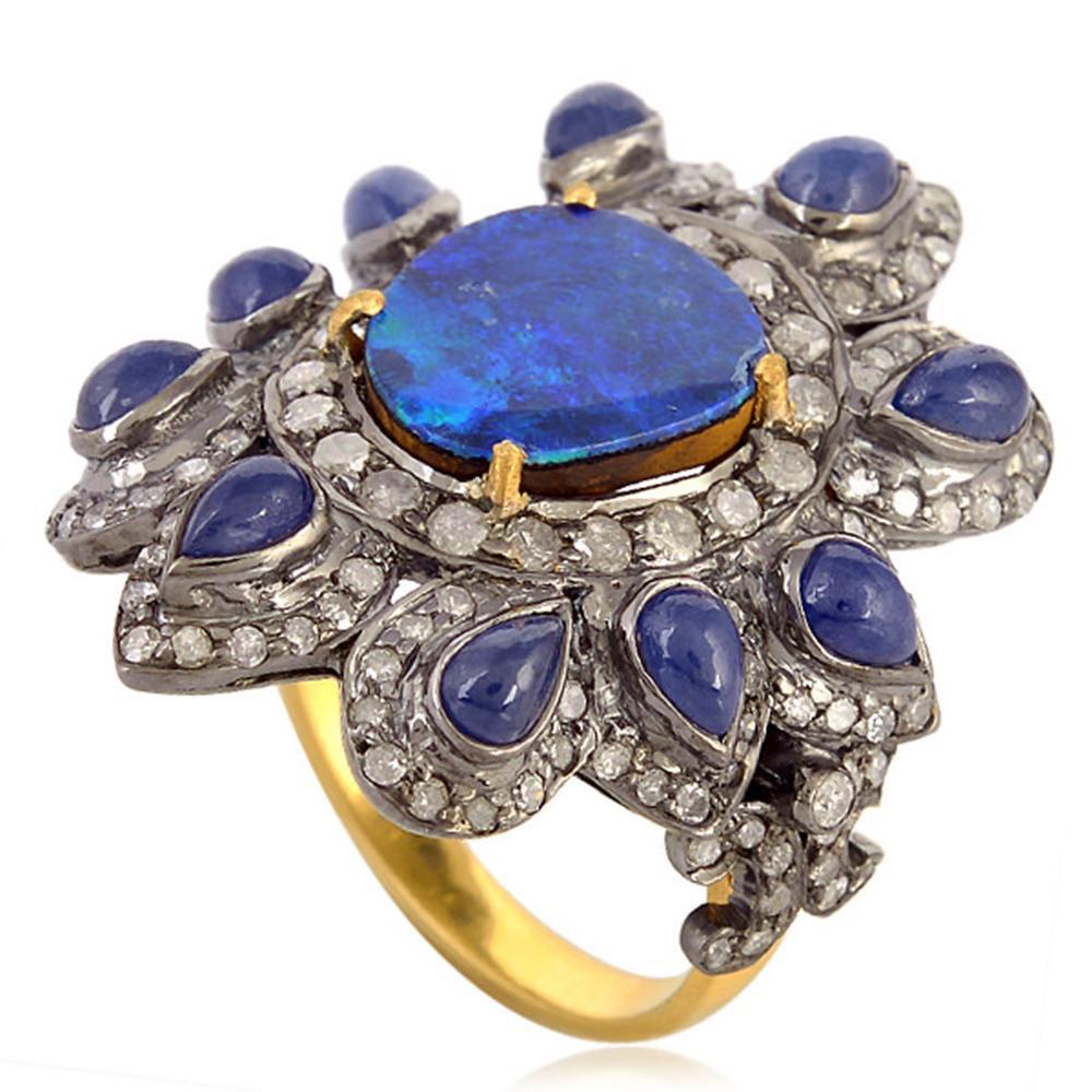 Mixed Cut Sweet Bright Floral Design Opal Ring with Diamonds Set in 18K Gold & Silver For Sale