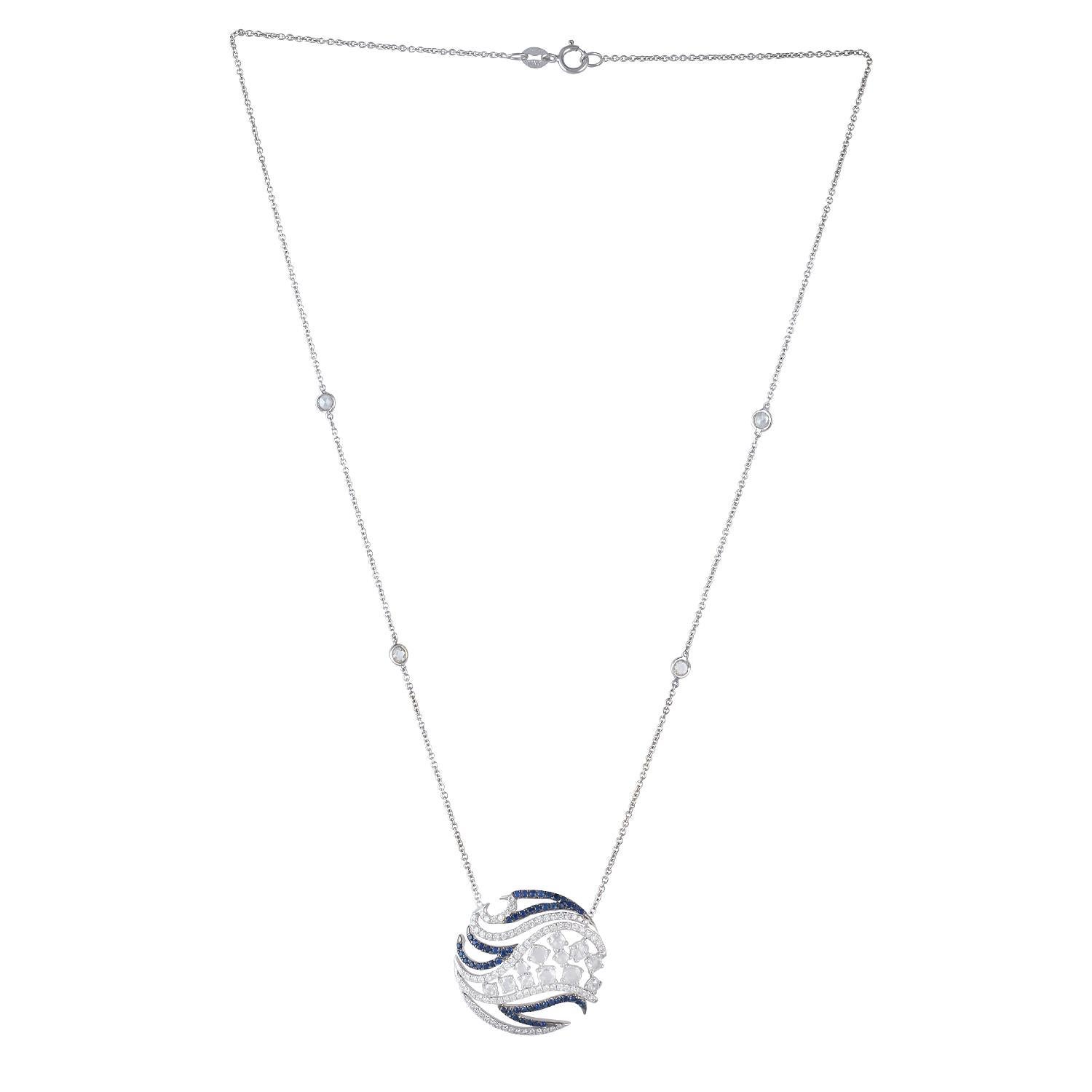 Modern Sweet Diamond and Blue Sapphire Pendant Necklace In 18K White Gold For Sale