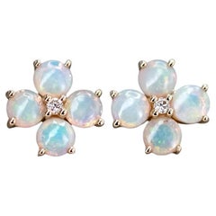 Sweet Four-Leaf Clover earstuds Opal Diamond Earrings 14K Yellow Gold
