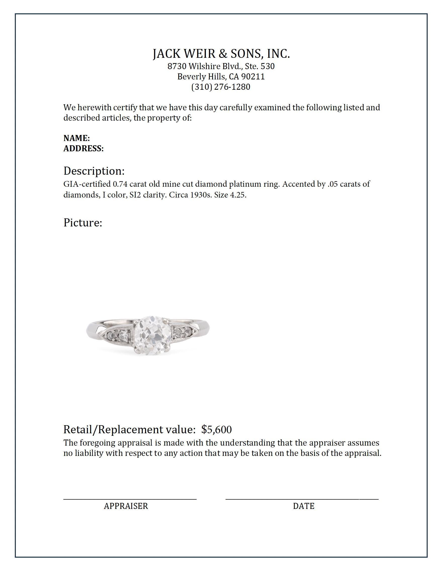 Sweet GIA, bague de fiançailles en platine avec diamant taille ancienne de 0,74 carat Excellent état - En vente à Beverly Hills, CA