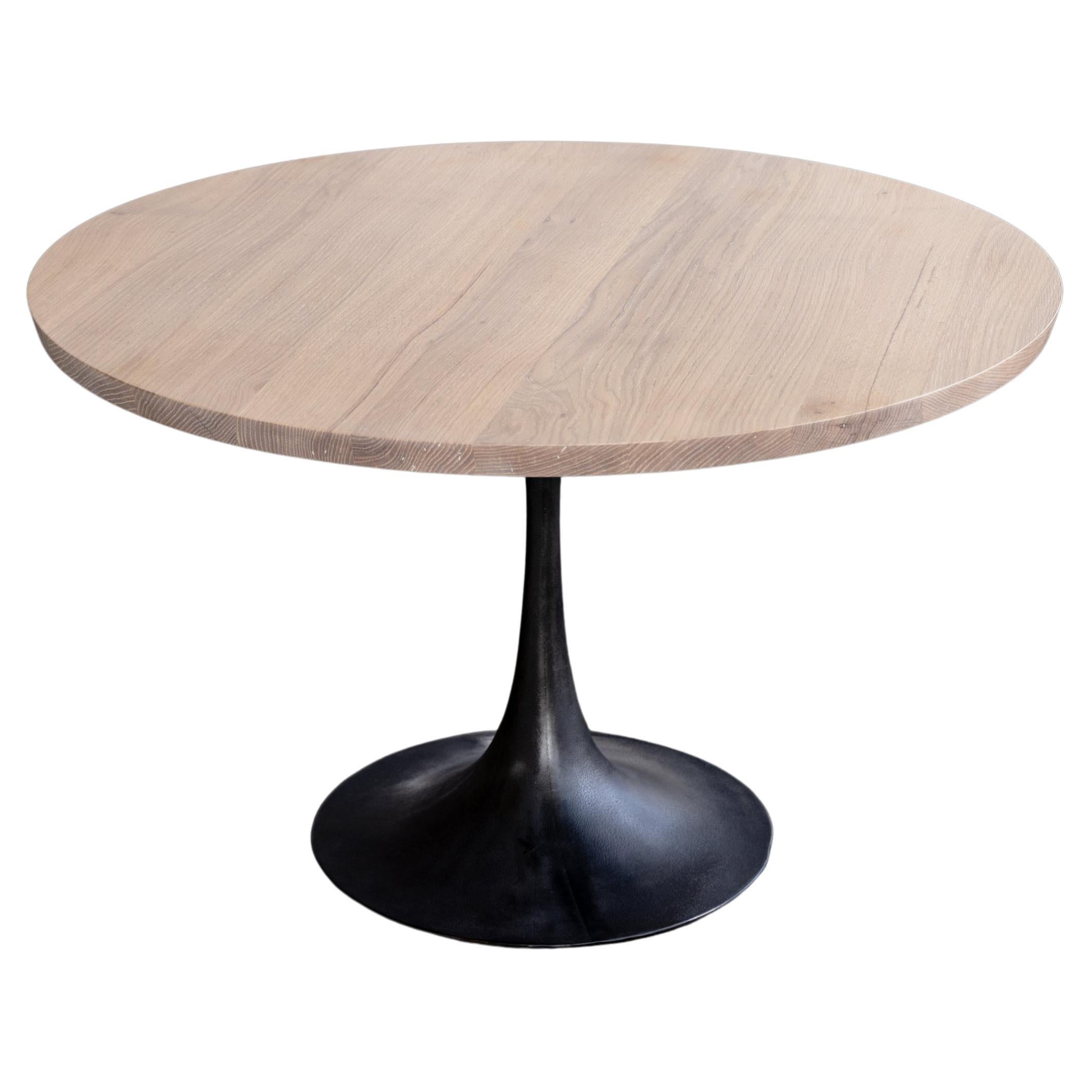 White Oak Round Pedestal Base Dining Table Cast Iron Amicalola Base White Finish For Sale