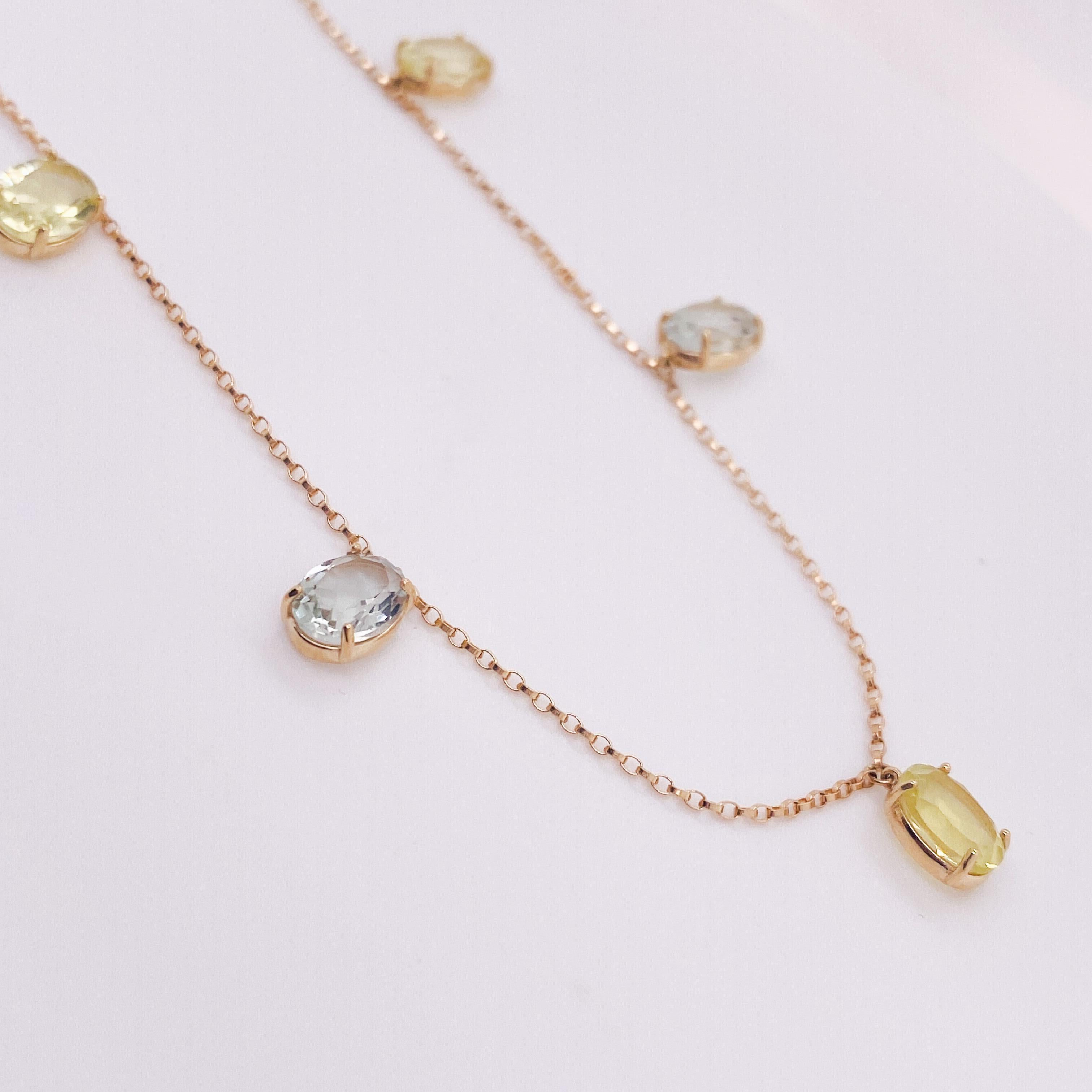 Contemporary Sweet Lemon & Mint Oval Quartz Drop Necklace, 7.50 Carats in 14k Yellow Gold Lv For Sale