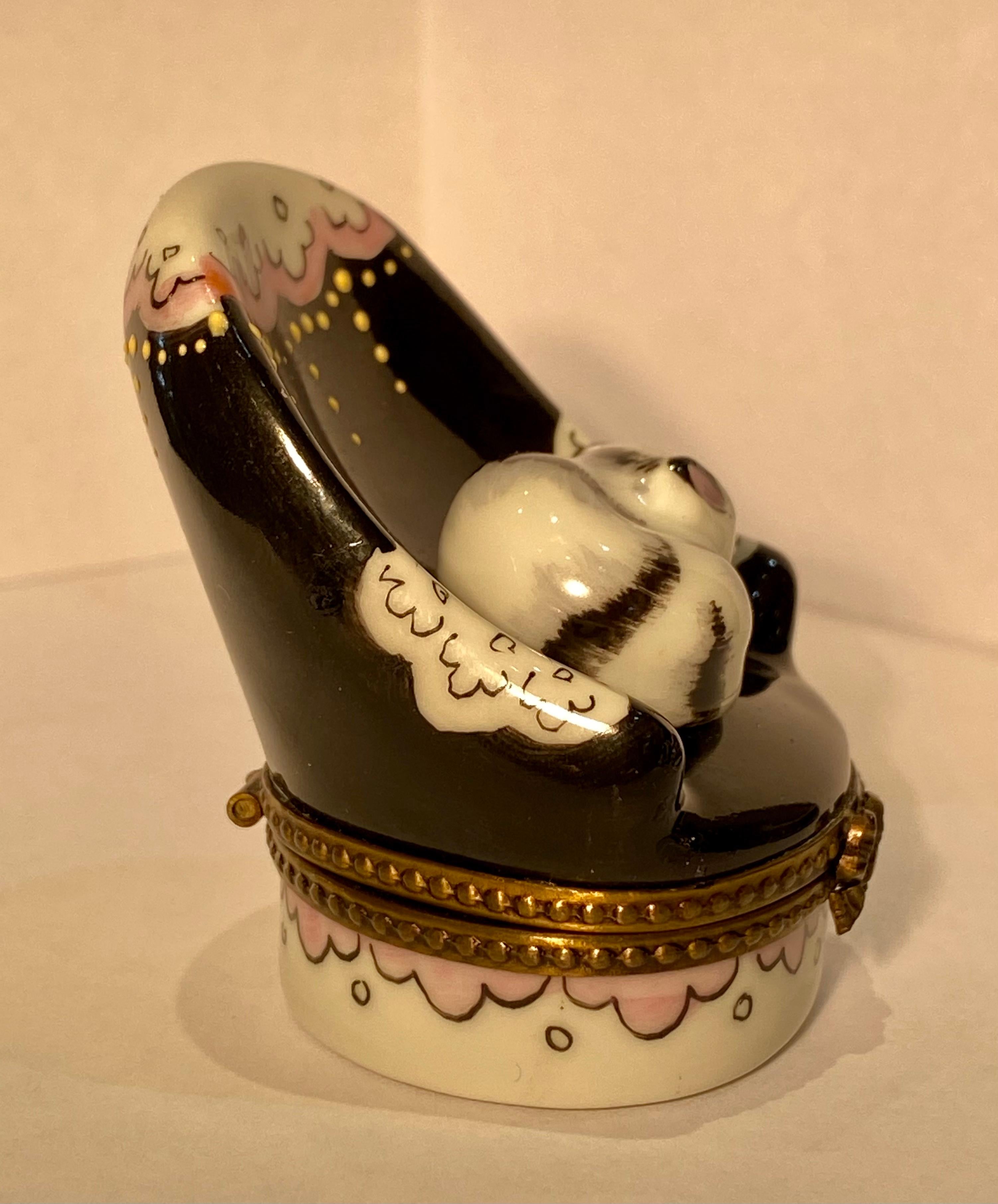 French Provincial Sweet Limoges France Sleeping Cat in Chair Hand Painted Porcelain Trinket Box
