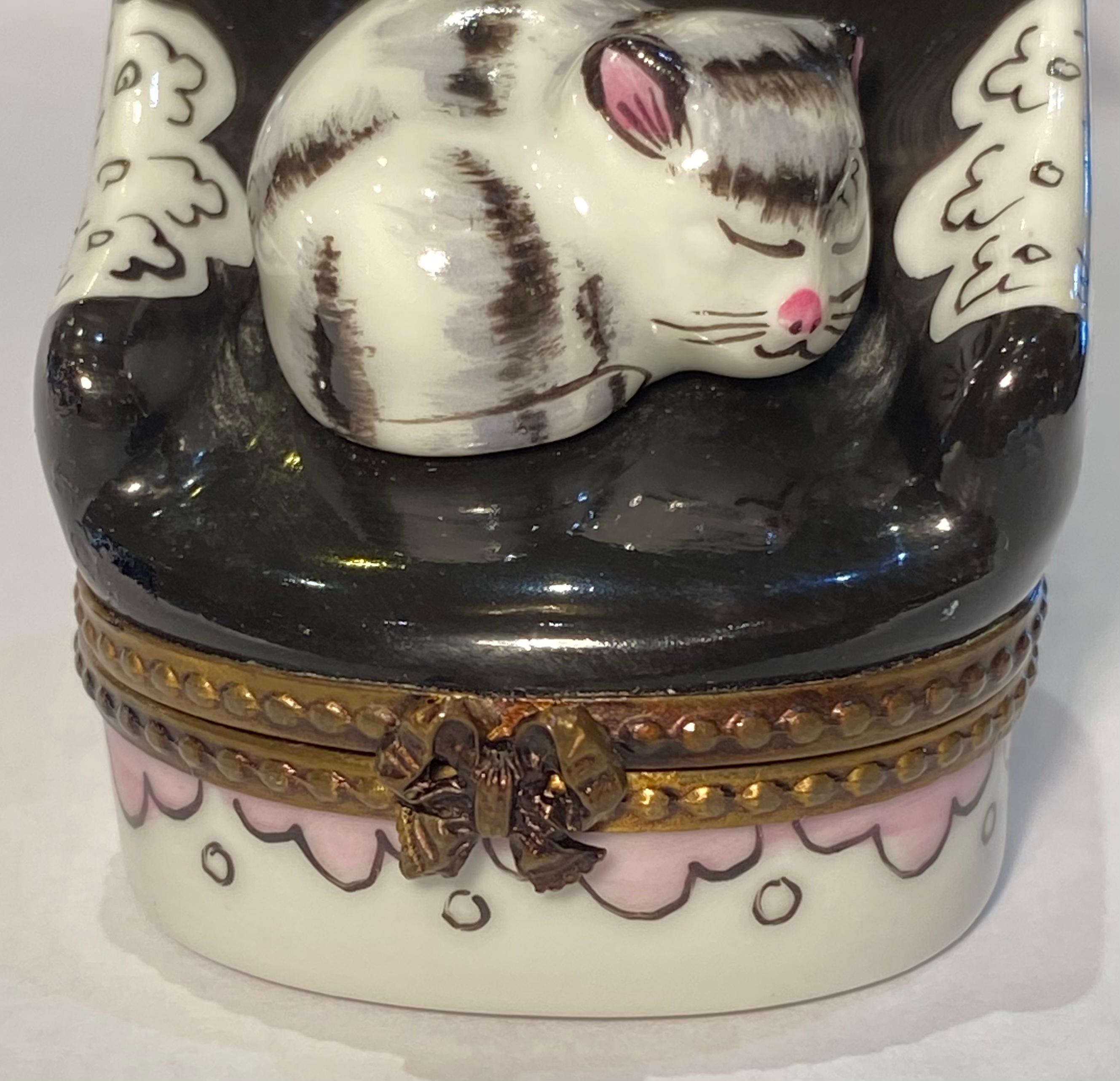 Hand-Painted Sweet Limoges France Sleeping Cat in Chair Hand Painted Porcelain Trinket Box