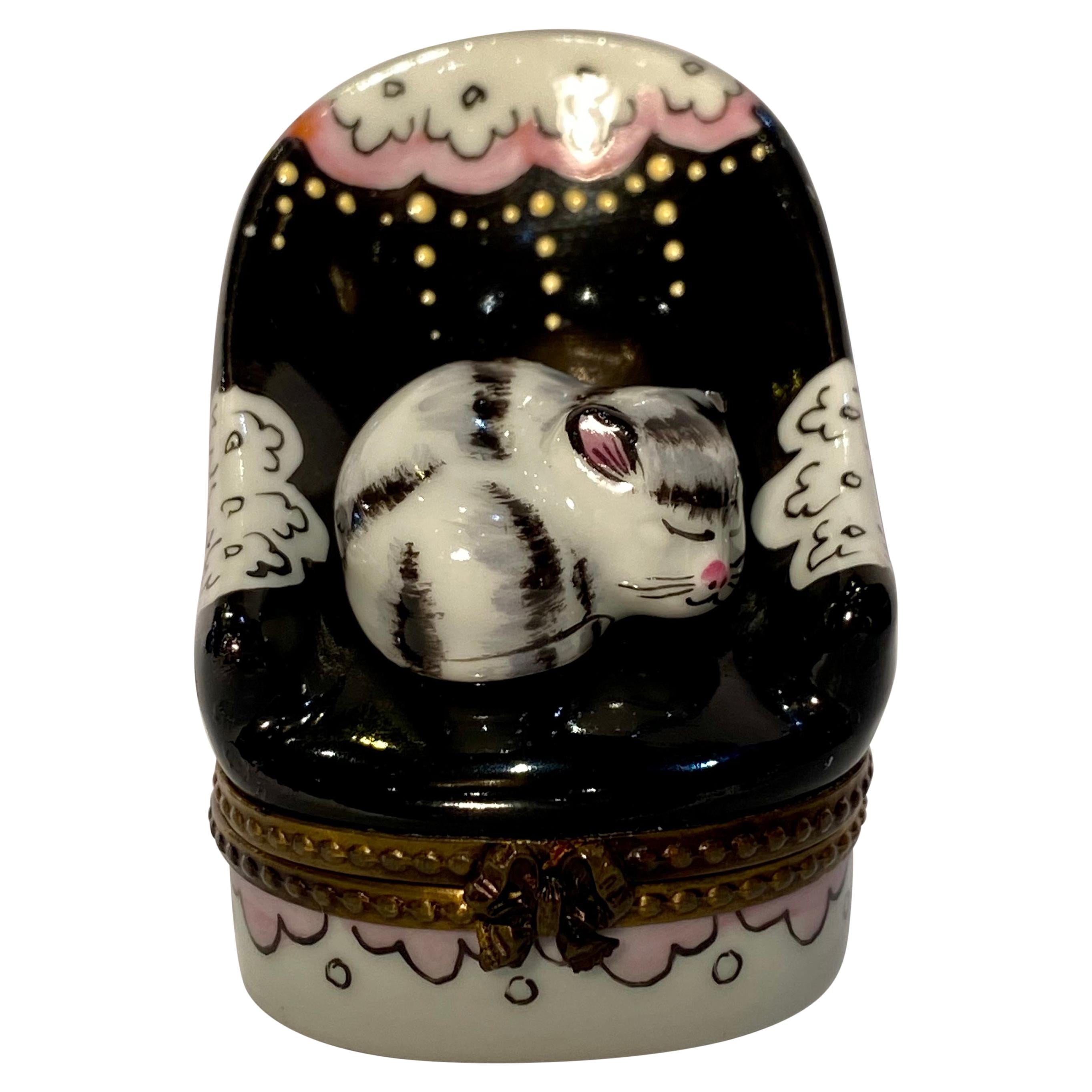 Sweet Limoges France Sleeping Cat in Chair Hand Painted Porcelain Trinket Box