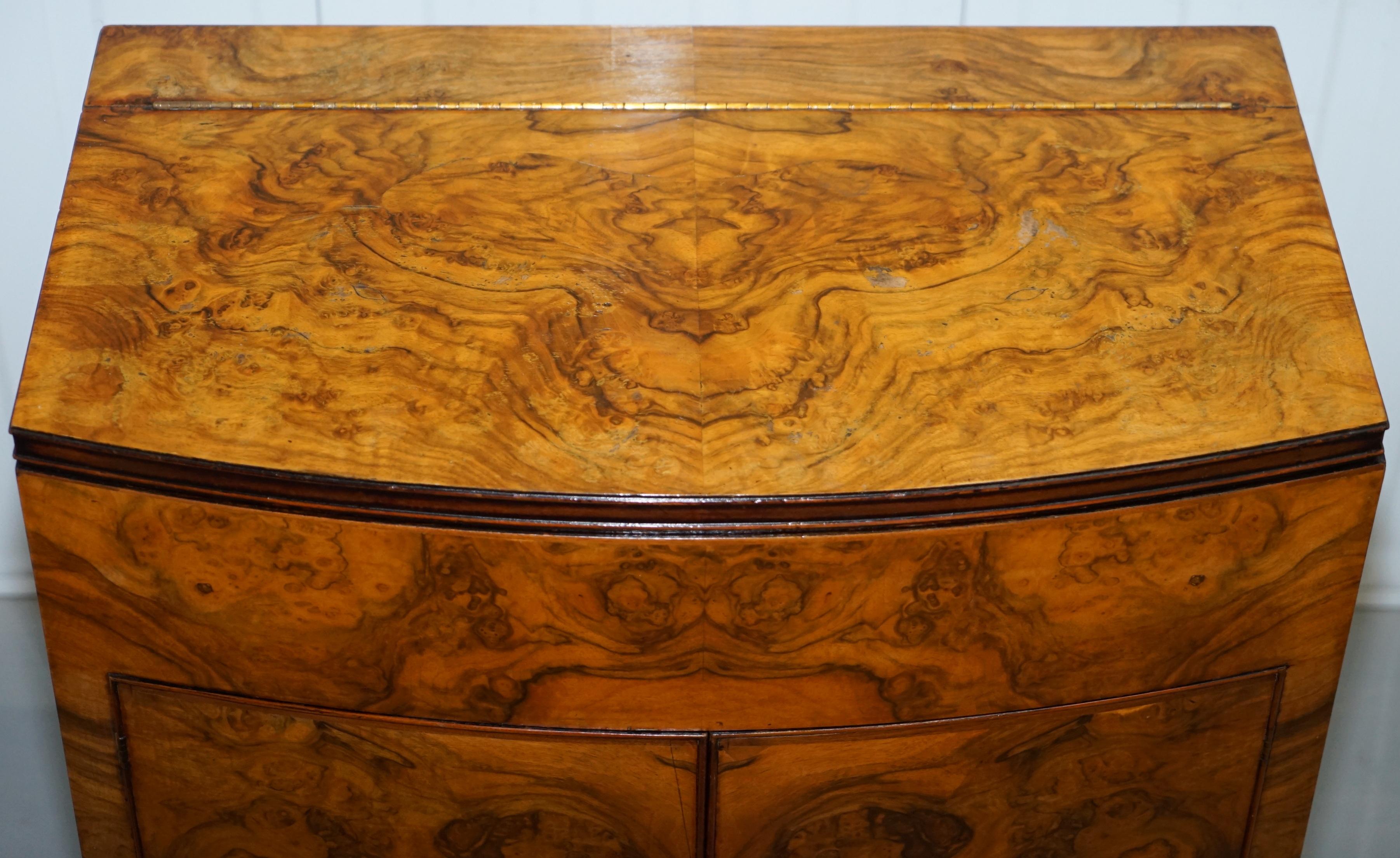 Hand-Carved Sweet Little Art Deco Burr Walnut Drinks Cabinet with Mirrored Pull Out Door