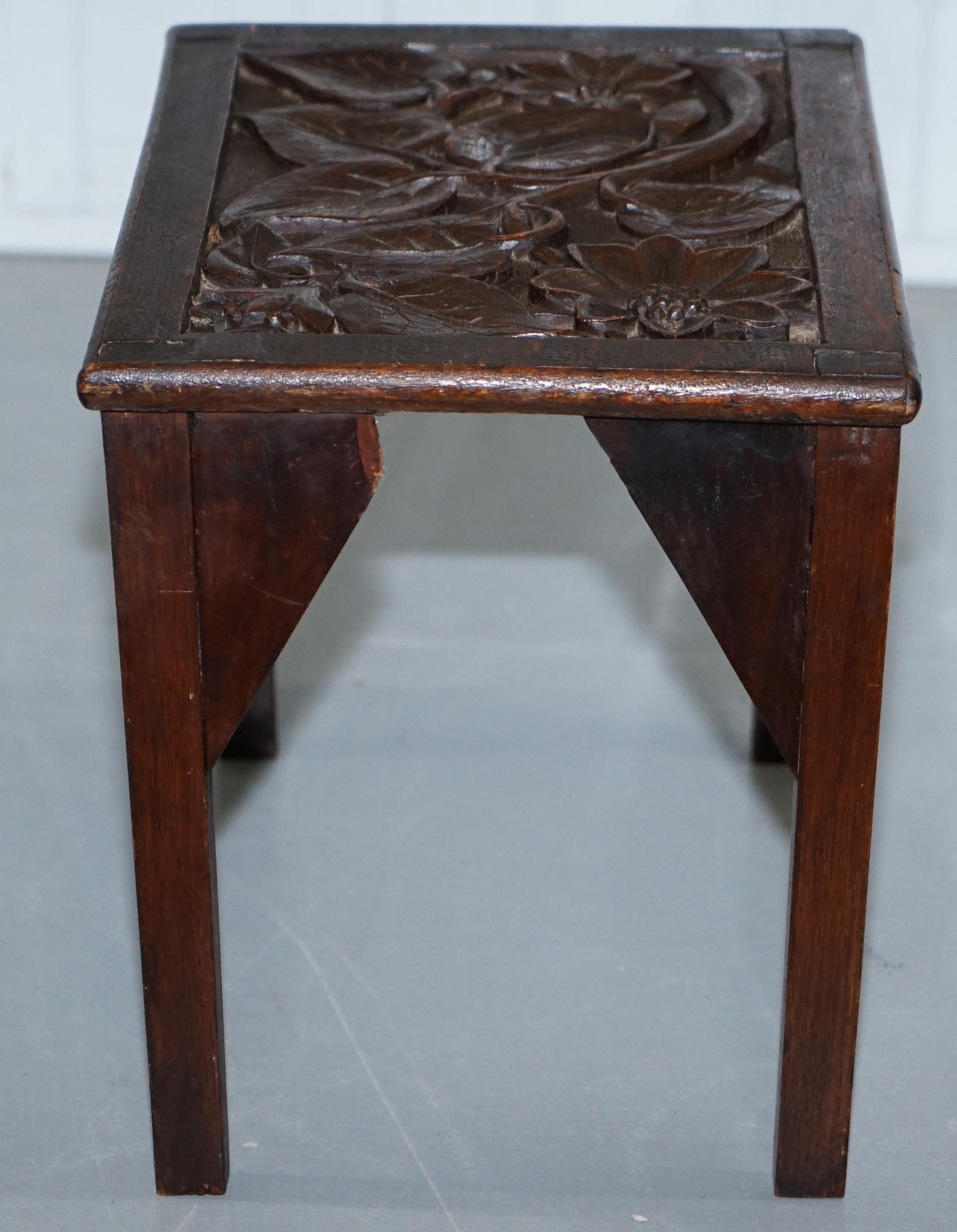 Sweet Little Liberty's London English Oak Small Side Table Hand-Carved Floral 6