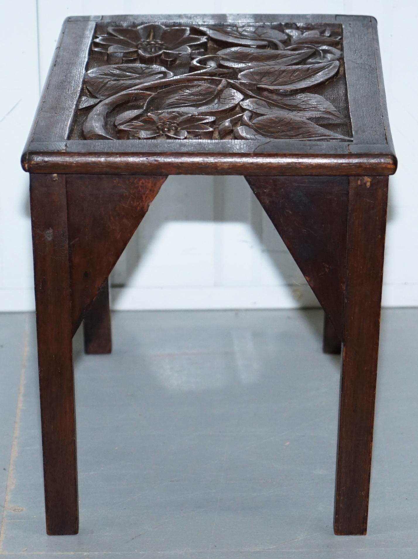 Sweet Little Liberty's London English Oak Small Side Table Hand-Carved Floral 8