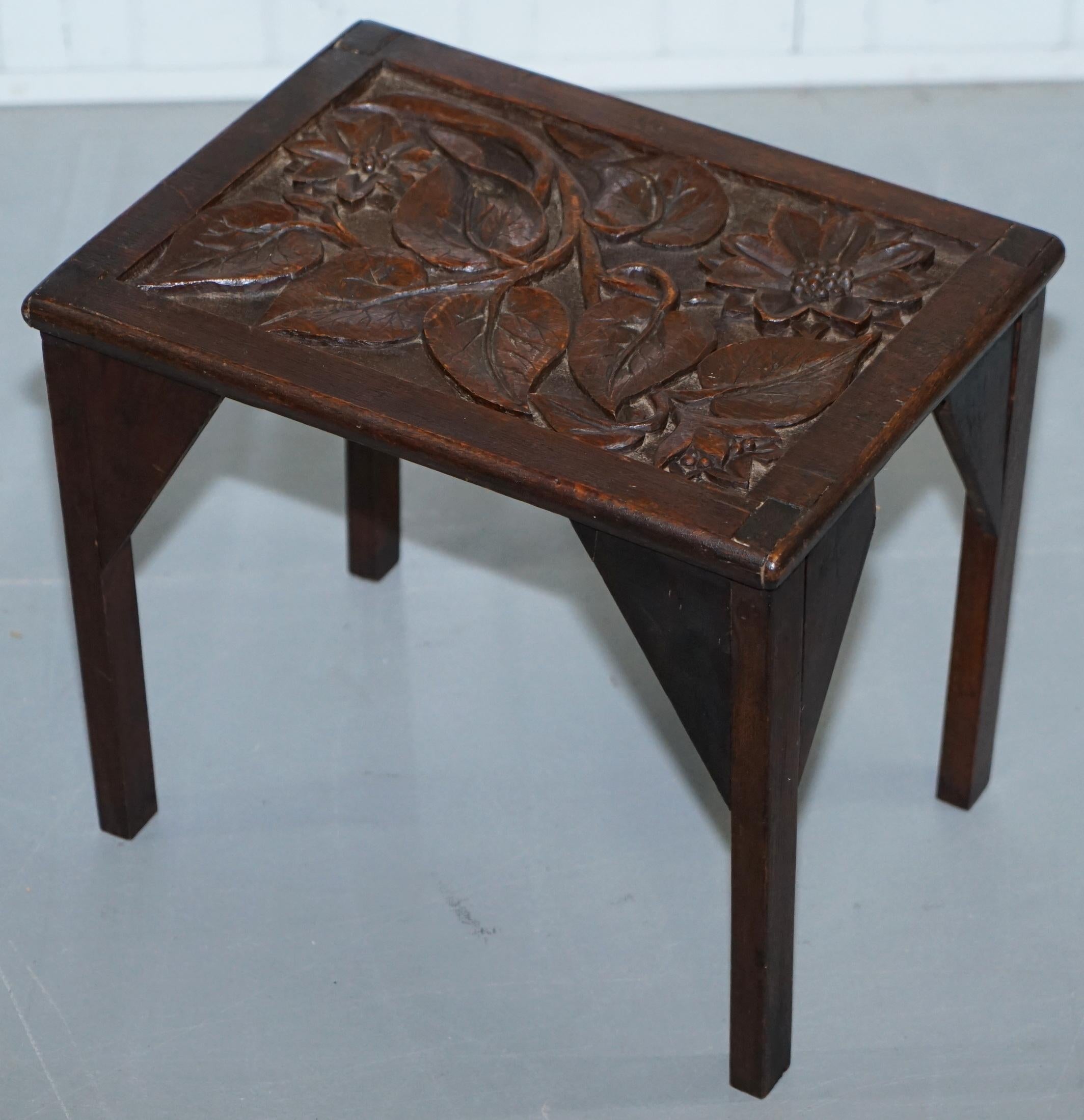 Arts and Crafts Sweet Little Liberty's London English Oak Small Side Table Hand-Carved Floral
