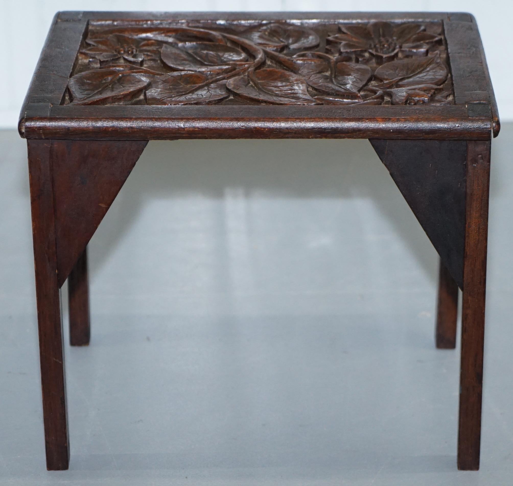 Sweet Little Liberty's London English Oak Small Side Table Hand-Carved Floral 4