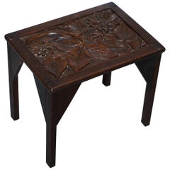 Antique Sweet Little Liberty's London English Oak Small Side Table Hand-Carved Floral