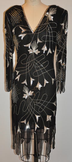 Sweet Lo Iconic '70s Black Chiffon Scallop Hemline Beaded Evening Dress