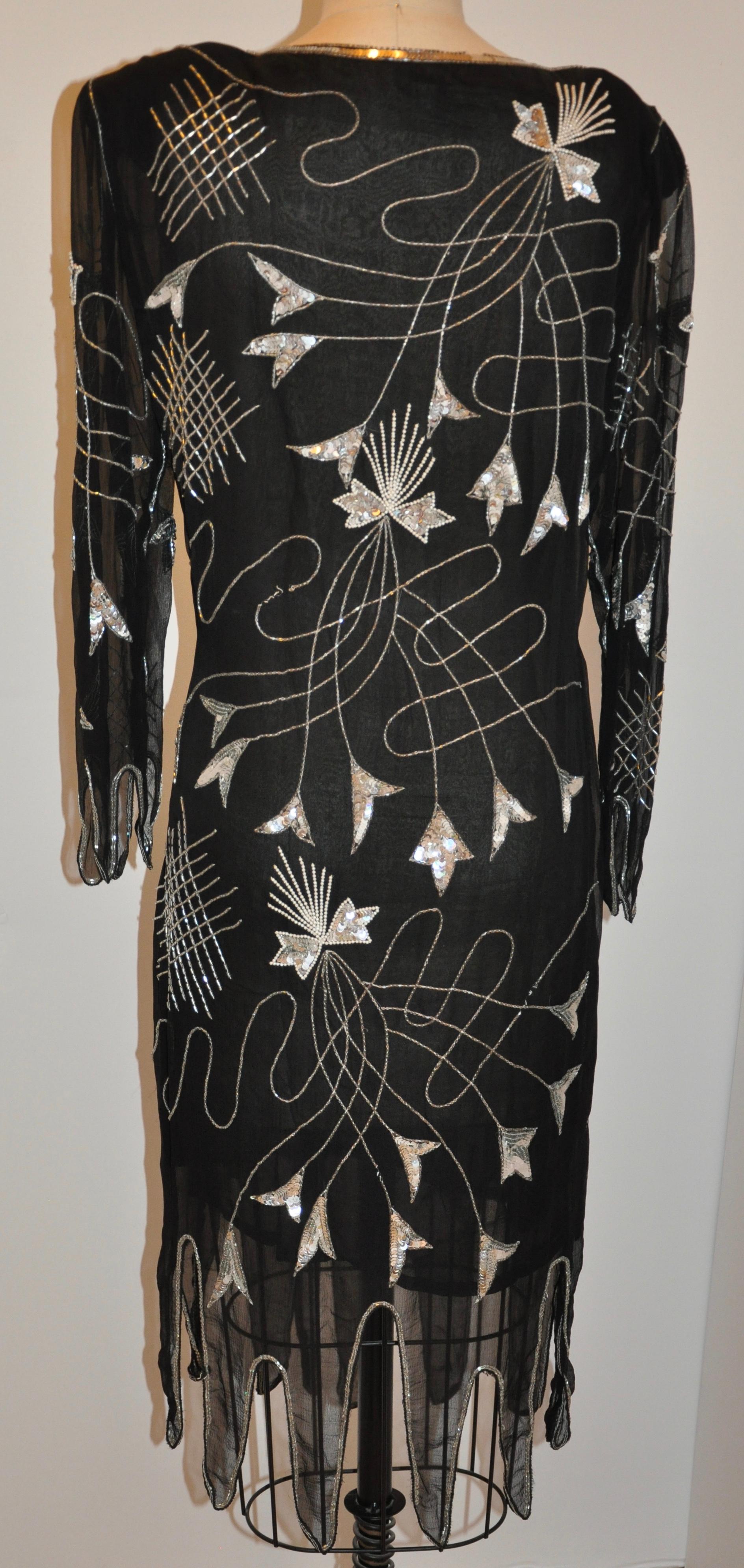 Sweet Lo Iconic '70s Black Chiffon Scallop Hemline Beaded Evening Dress In Good Condition For Sale In New York, NY