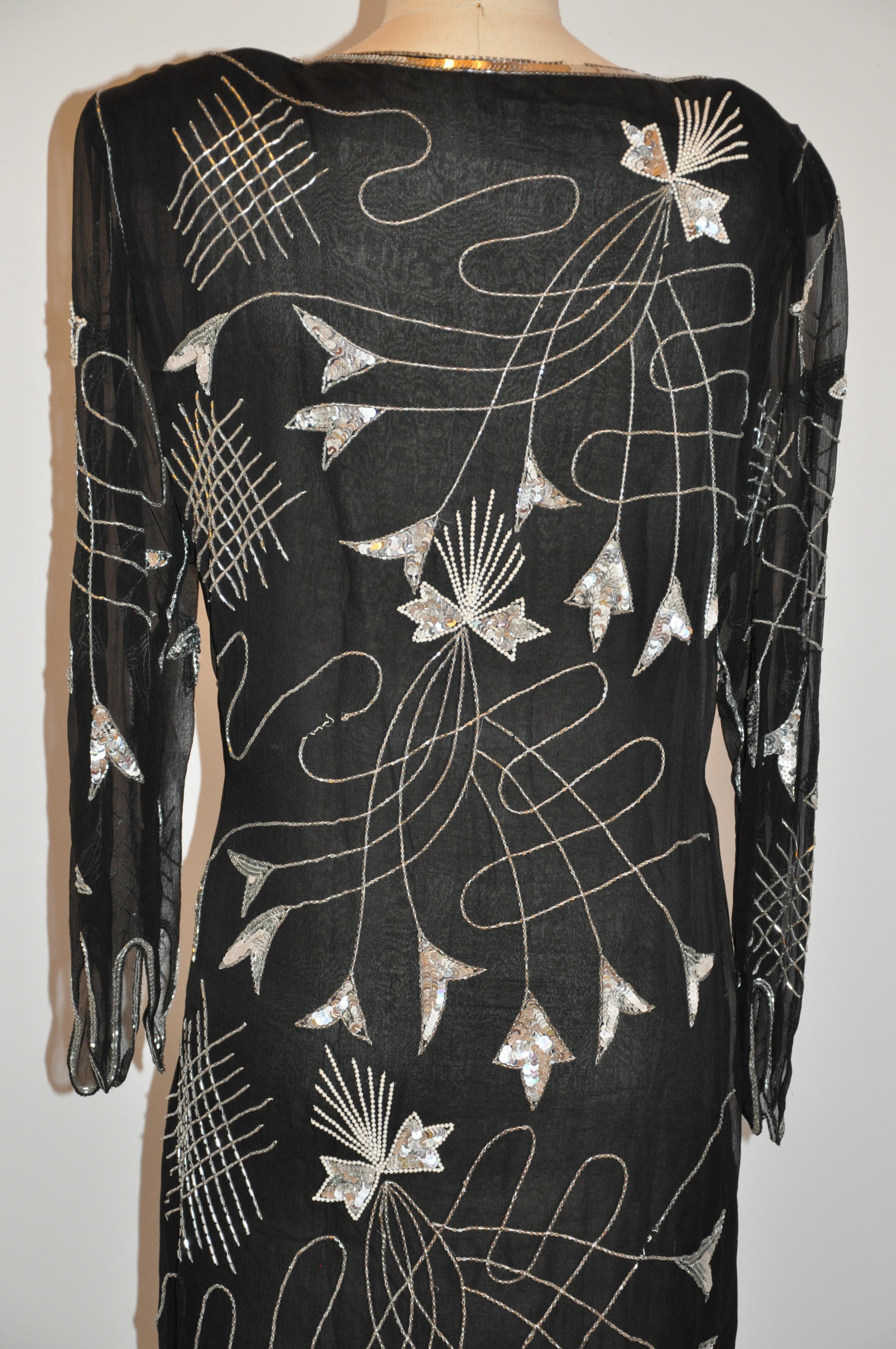 Women's or Men's Sweet Lo Iconic '70s Black Chiffon Scallop Hemline Beaded Evening Dress For Sale