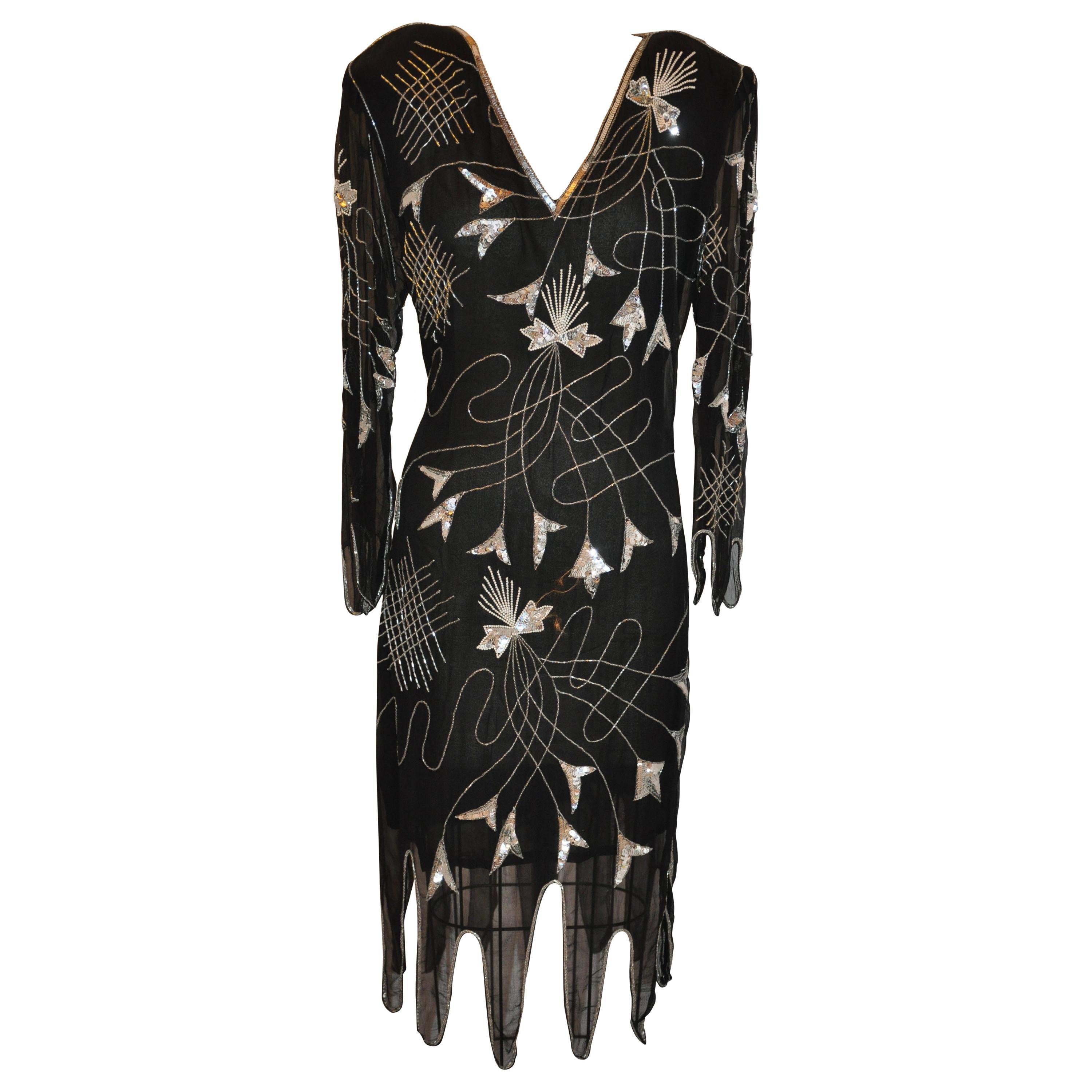 Sweet Lo Iconic '70s Black Chiffon Scallop Hemline Beaded Evening Dress For Sale