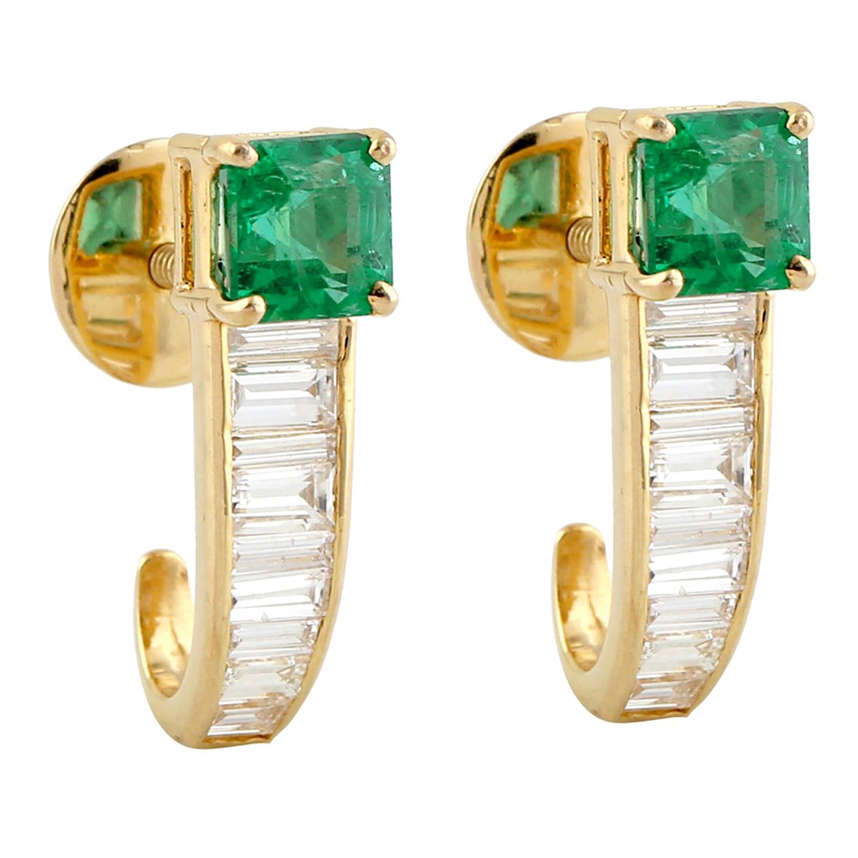 Sweet Looking Baguette Diamond and Princess Cut Emerald Stud Earring in 18k Gold