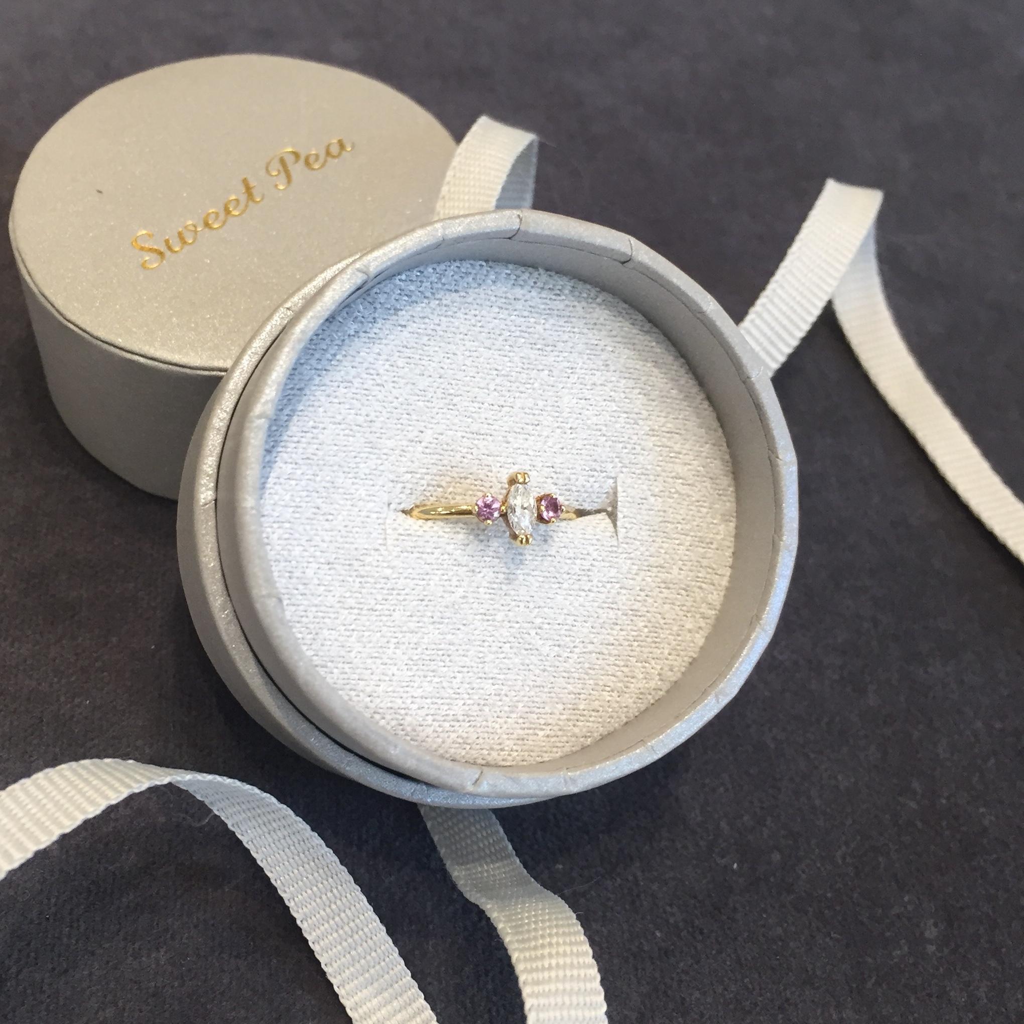 Contemporary Sweet Pea 18k Gold Marquise Diamond and Pink Sapphire Engagement Ring