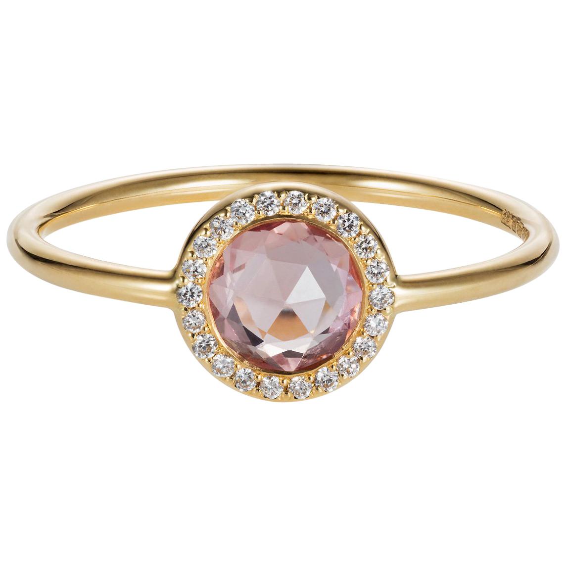Sweet Pea 18k Gold Rose Cut Pink Sapphire Engagement Ring With Diamond Halo For Sale