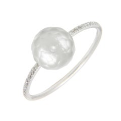 Sweet Pea 18k White Gold And Grey Faceted Pearl Ring With Pave Set Diamond Band
