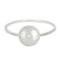 Sweet Pea 18k White Gold And Grey Faceted Pearl Ring With Pave Set Diamond Band