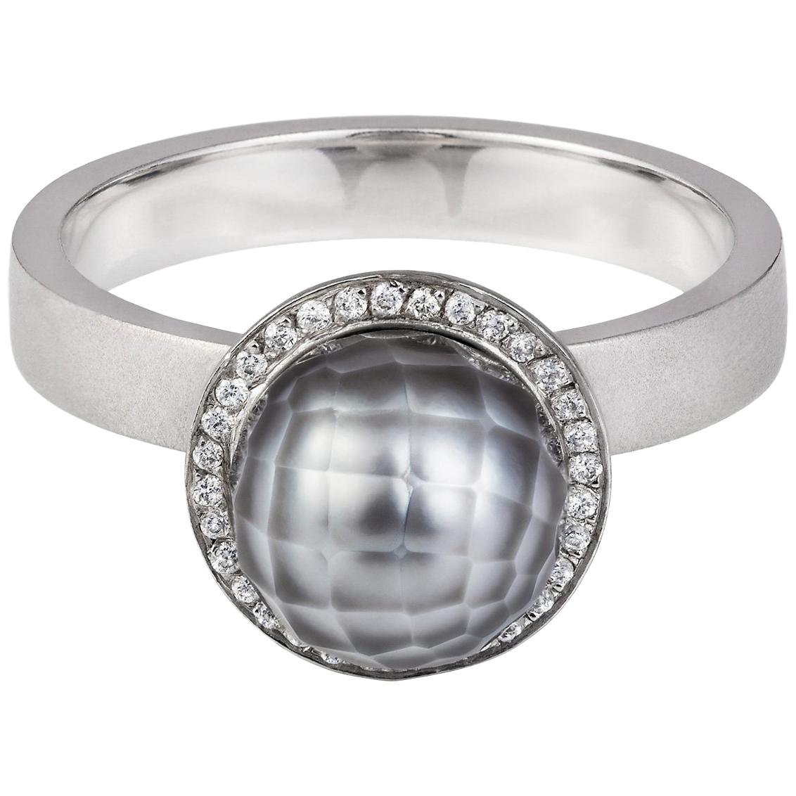 Sweet Pea 18k White Gold Engagement Ring With Grey Faceted Pearl and Diamonds For Sale