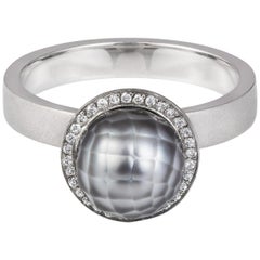 Sweet Pea 18k White Gold Engagement Ring With Grey Faceted Pearl and Diamonds