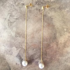 Sweet Pea 18k Yellow Gold Drop Earrings with Faceted Pearl and Baguette Diamonds