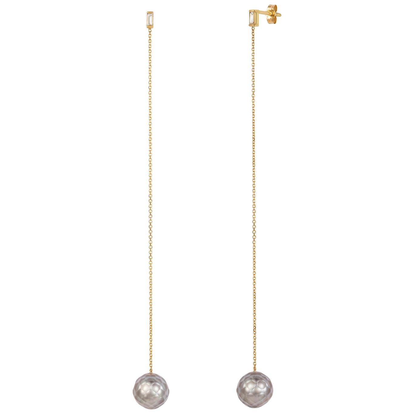 Sweet Pea 18k Yellow Gold Drop Earrings with Faceted Pearl and Baguette Diamonds For Sale
