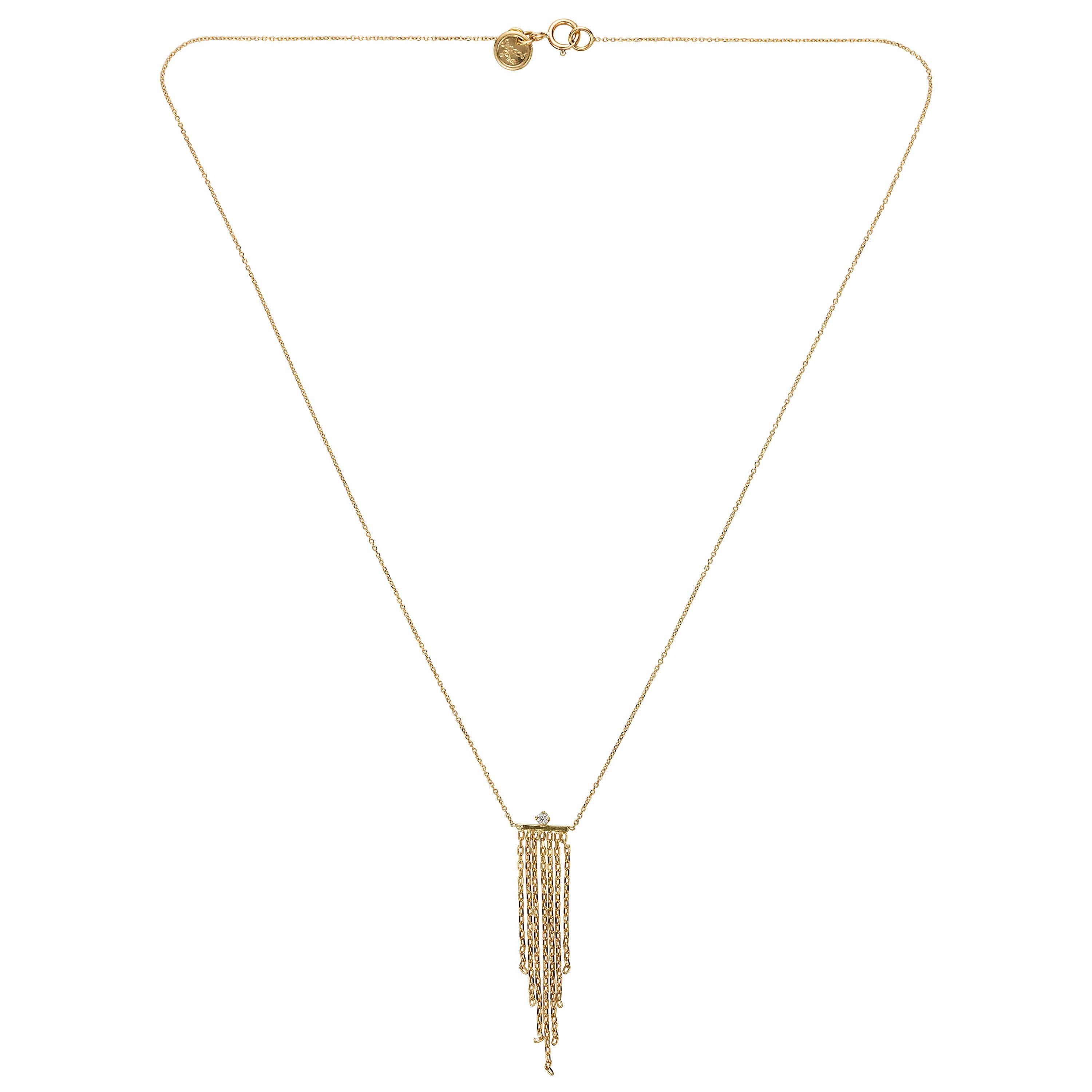 Sweet Pea 18 Karat Yellow Gold Necklace with White Diamond and Chain Fringe For Sale