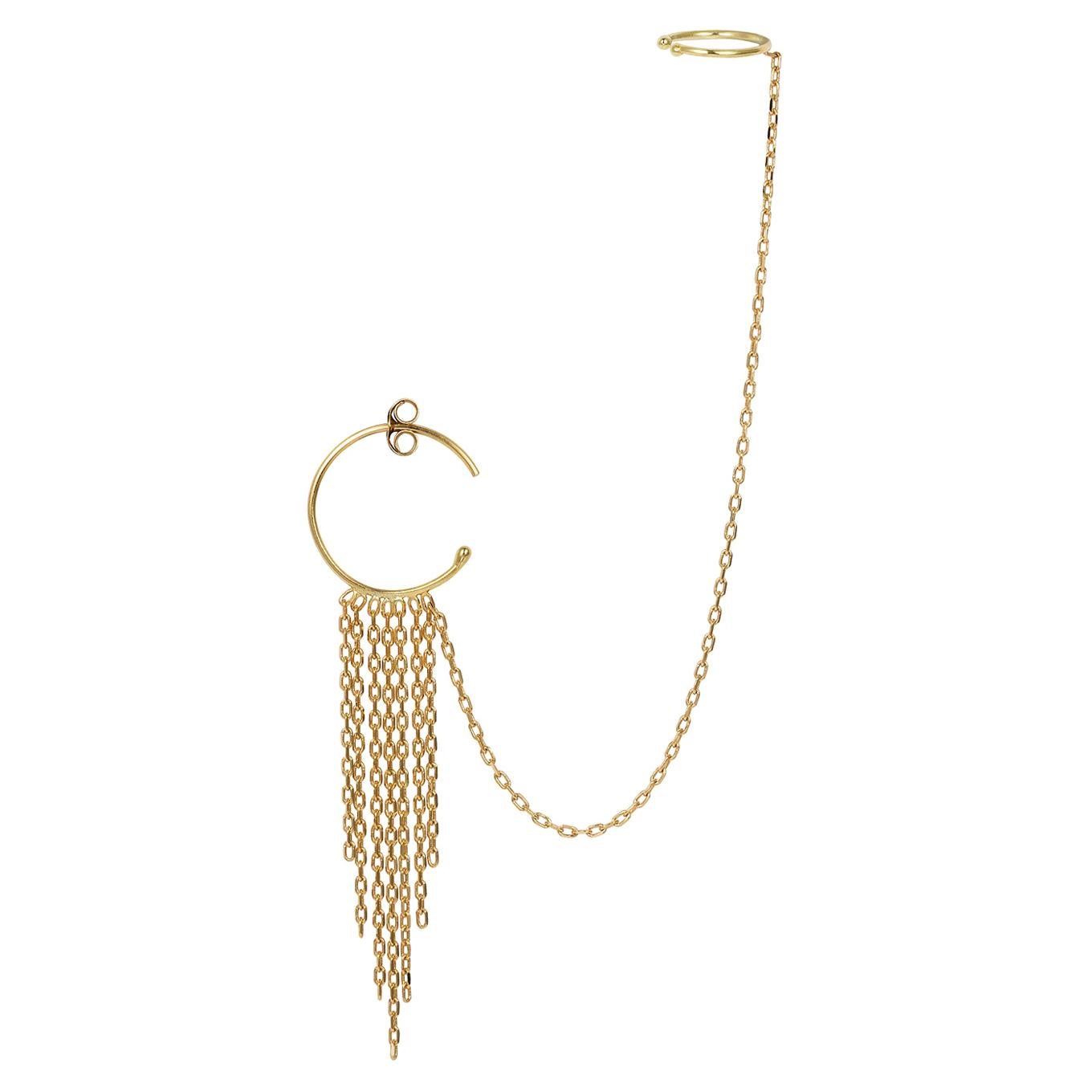 Sweet Pea 18 Karat Yellow Gold Small Hoop Earring with Tapered Fringe and Cuff For Sale