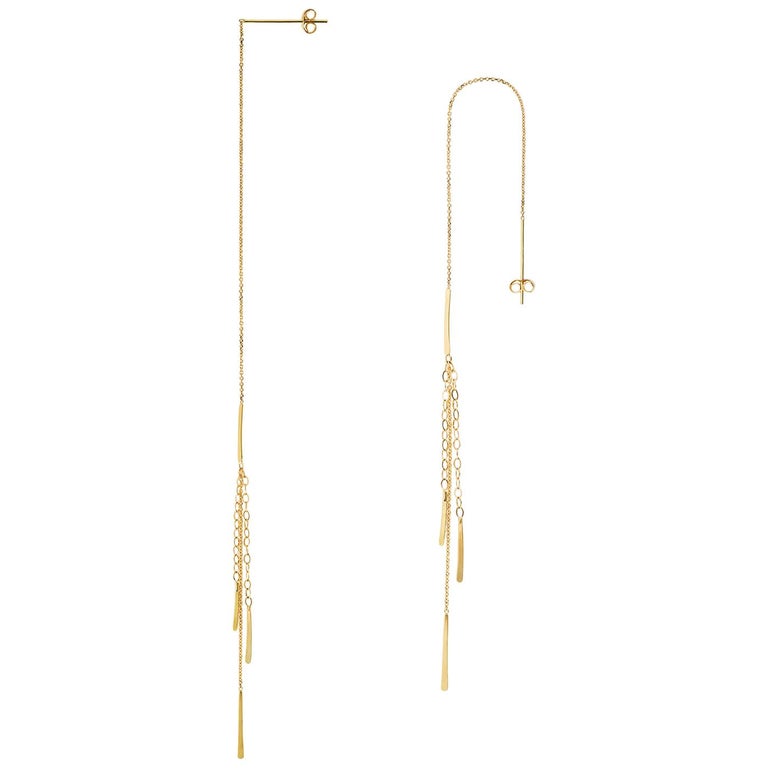 Sweet Pea 18 Karat Yellow Gold Sycamore Long Chain Earrings For Sale