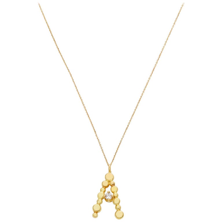 Sweet Pea Diamond and 18 Karat Yellow Gold Initial Letter 'A' Charm Necklace For Sale