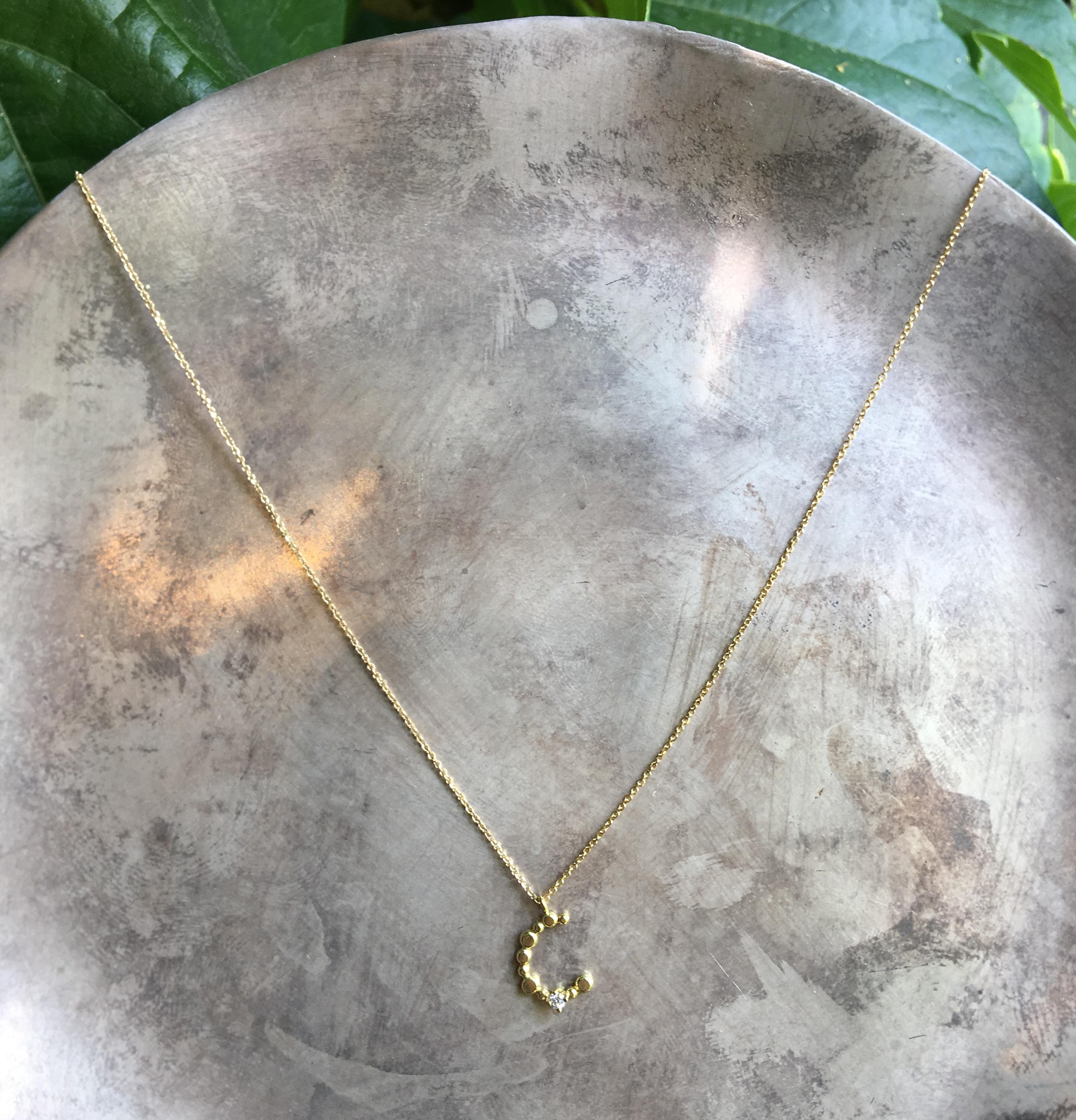 Contemporary Sweet Pea Initial Letter Diamond and 18k Yellow Gold Letter 'C' Charm Necklace For Sale