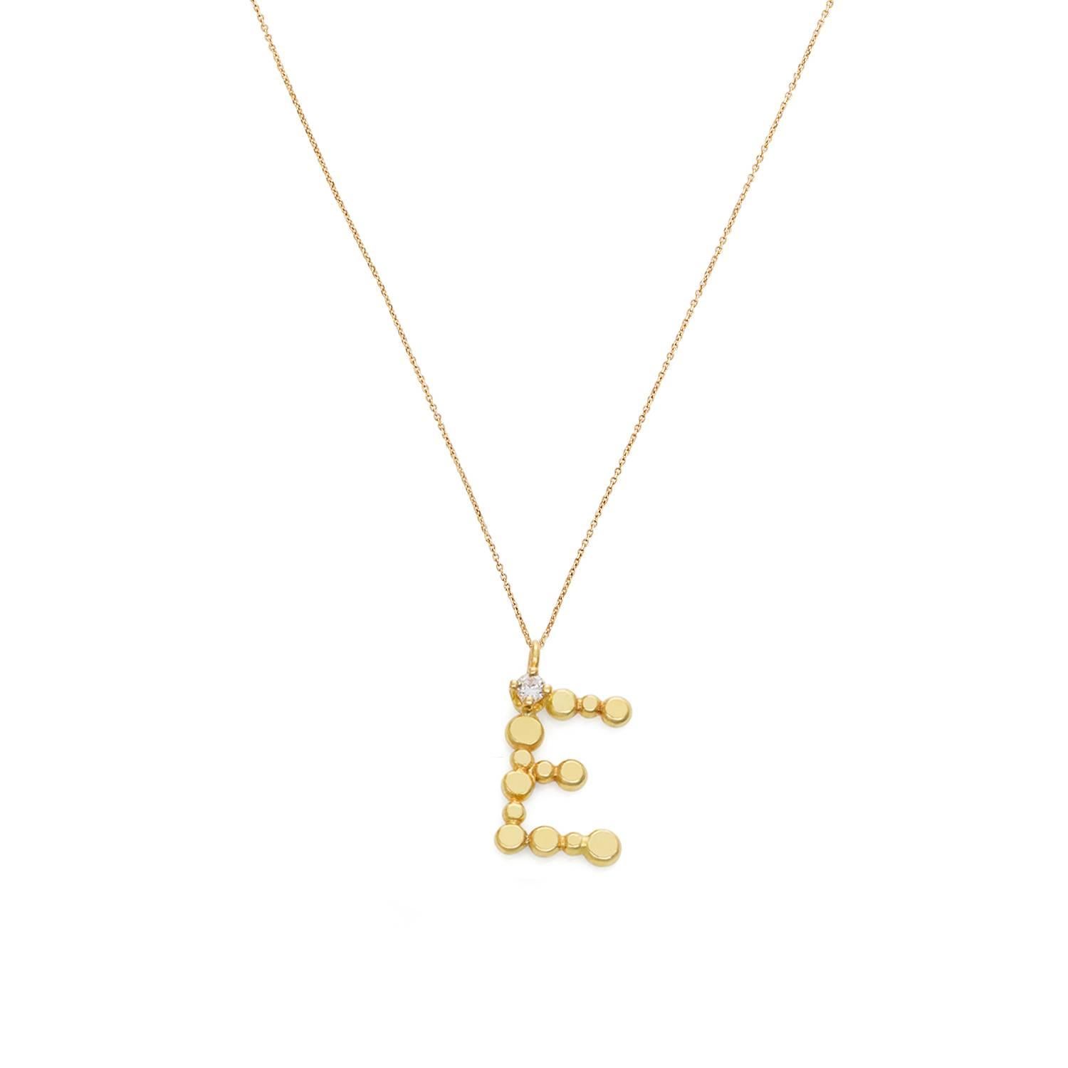 Sweet Pea Initial Letter Diamond and 18k Yellow Gold Letter 'E' Charm Necklace For Sale