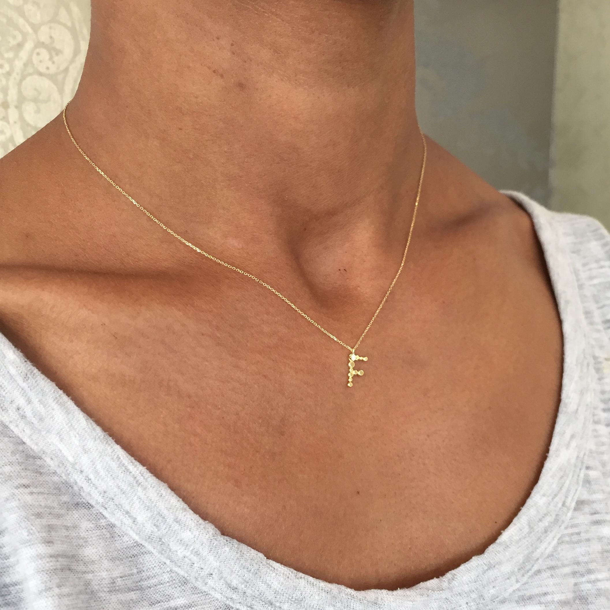 Sweet Pea Initial Letter Diamond and 18k Yellow Gold Letter 'F' Charm Necklace In New Condition For Sale In London, GB