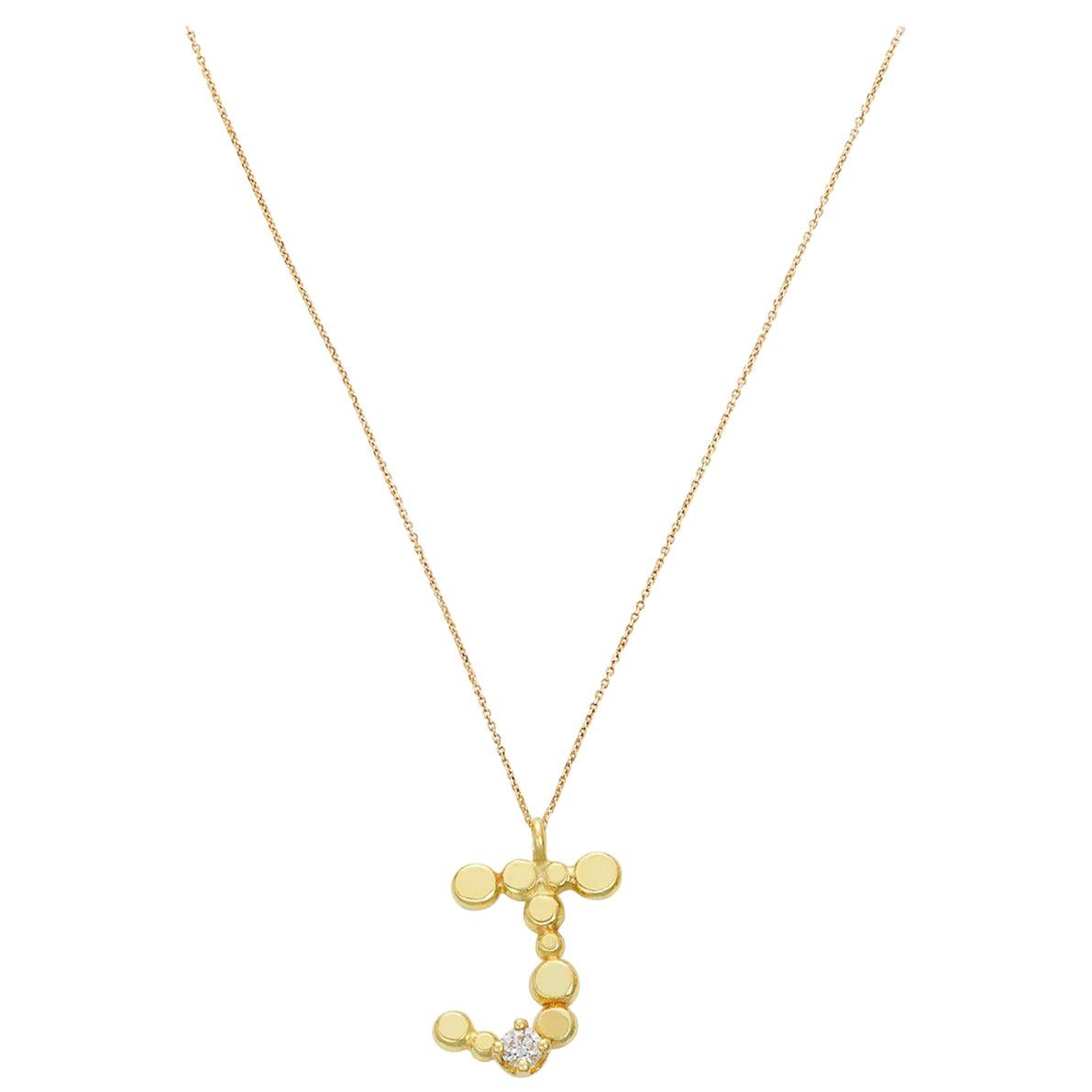 Sweet Pea Initial Letter Diamond and 18k Yellow Gold Letter 'J' Charm Necklace For Sale
