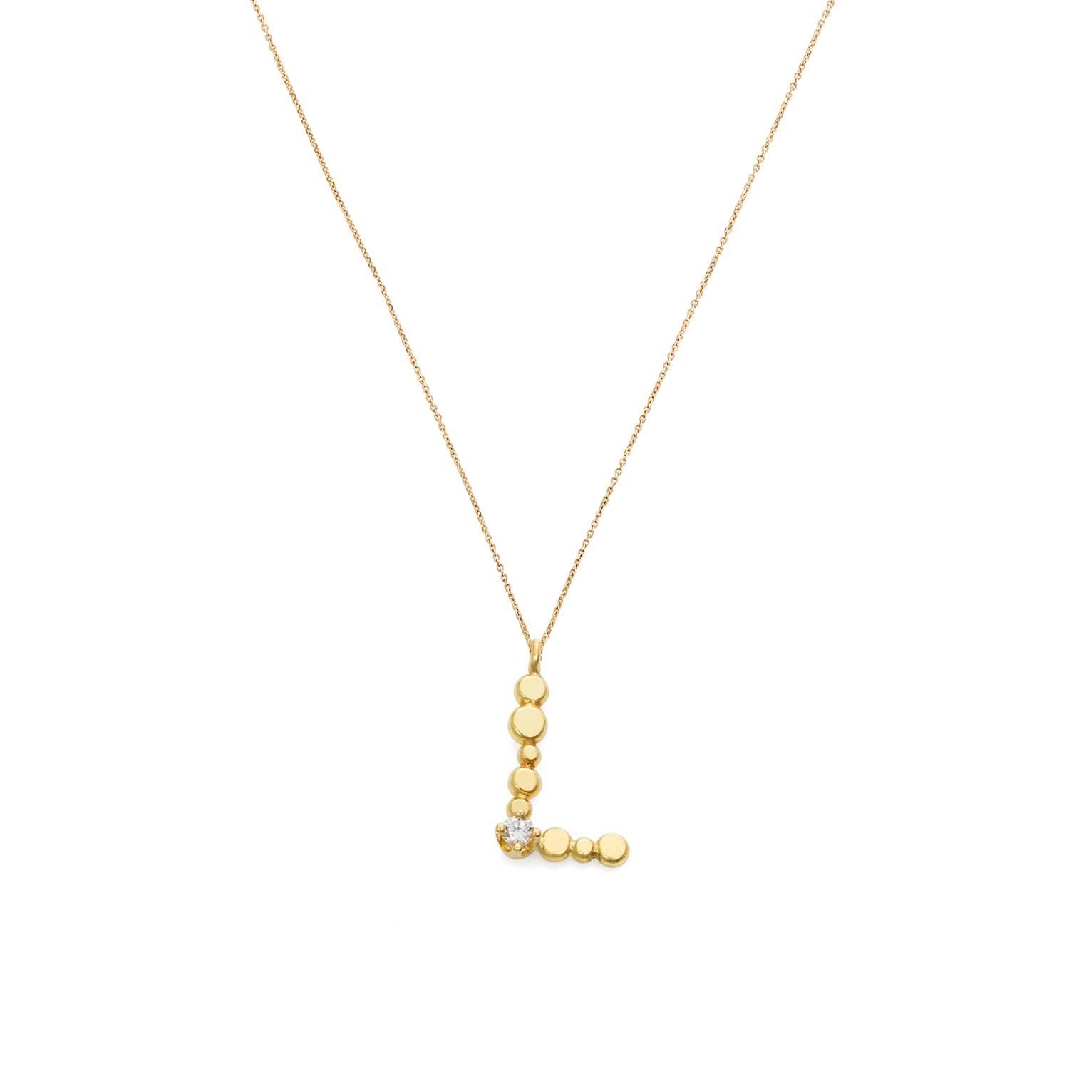Sweet Pea Initial Letter Diamond and 18k Yellow Gold Letter 'L' Charm Necklace For Sale