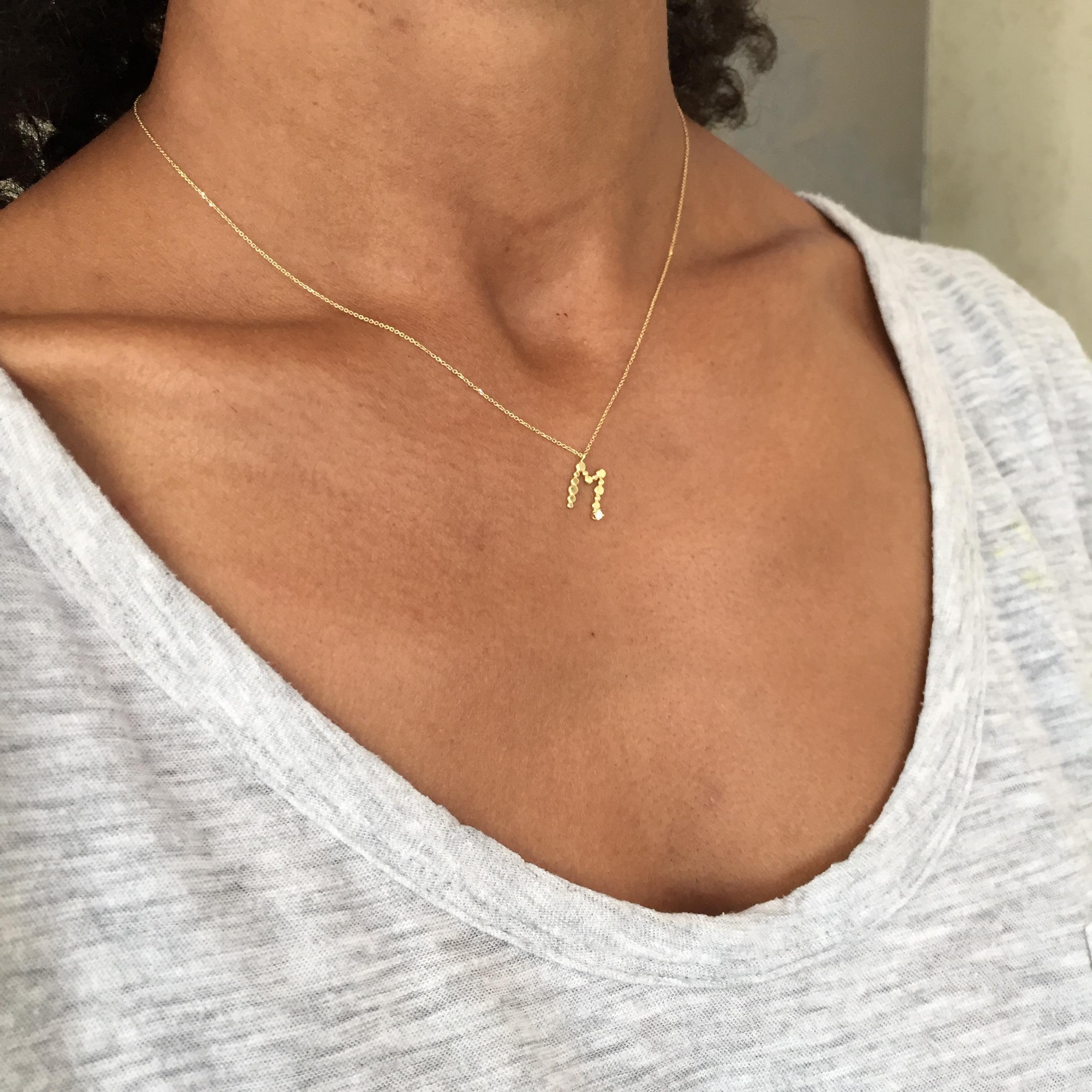 Contemporary Sweet Pea Initial Letter Diamond and 18k Yellow Gold Letter 'M' Charm Necklace For Sale