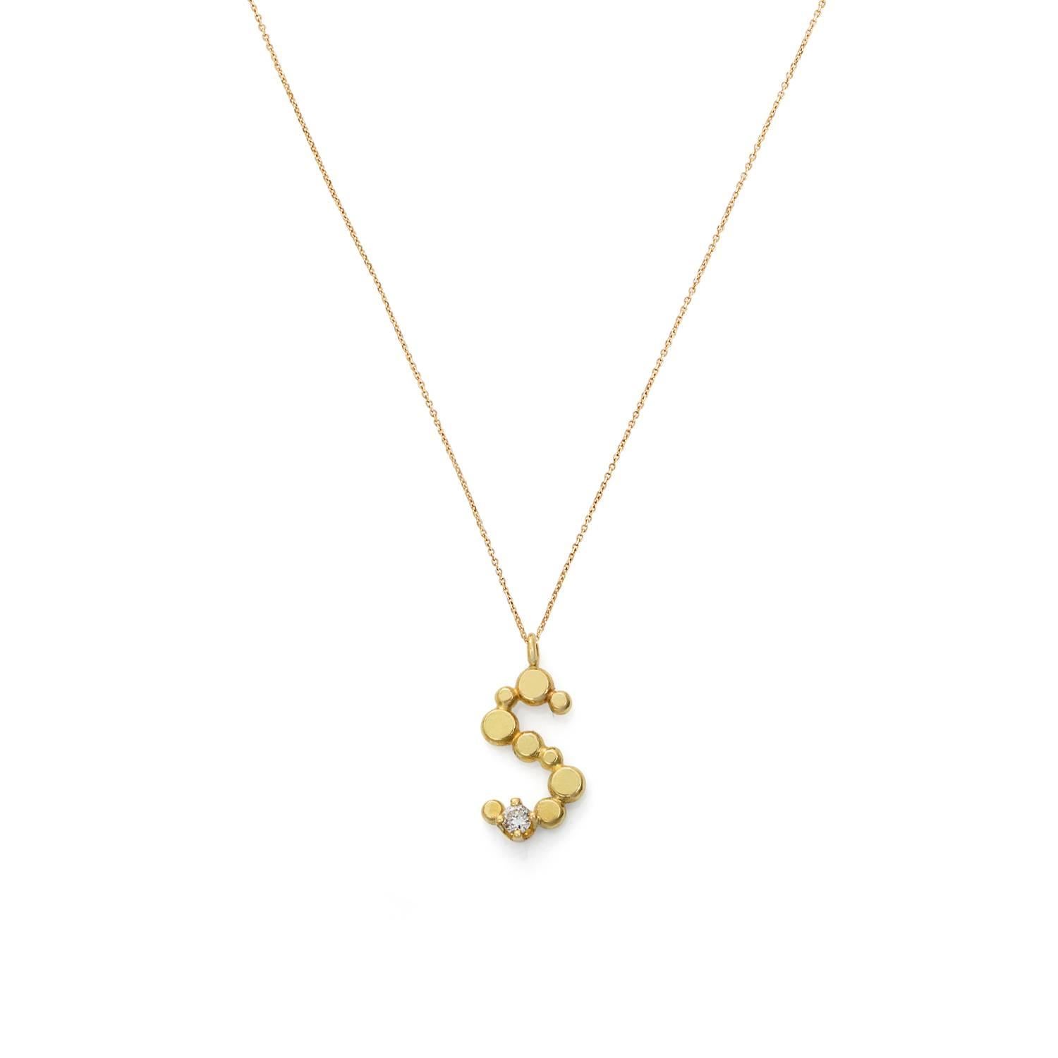 Sweet Pea Initial Letter Diamond and 18k Yellow Gold Letter 'S' Charm Necklace For Sale