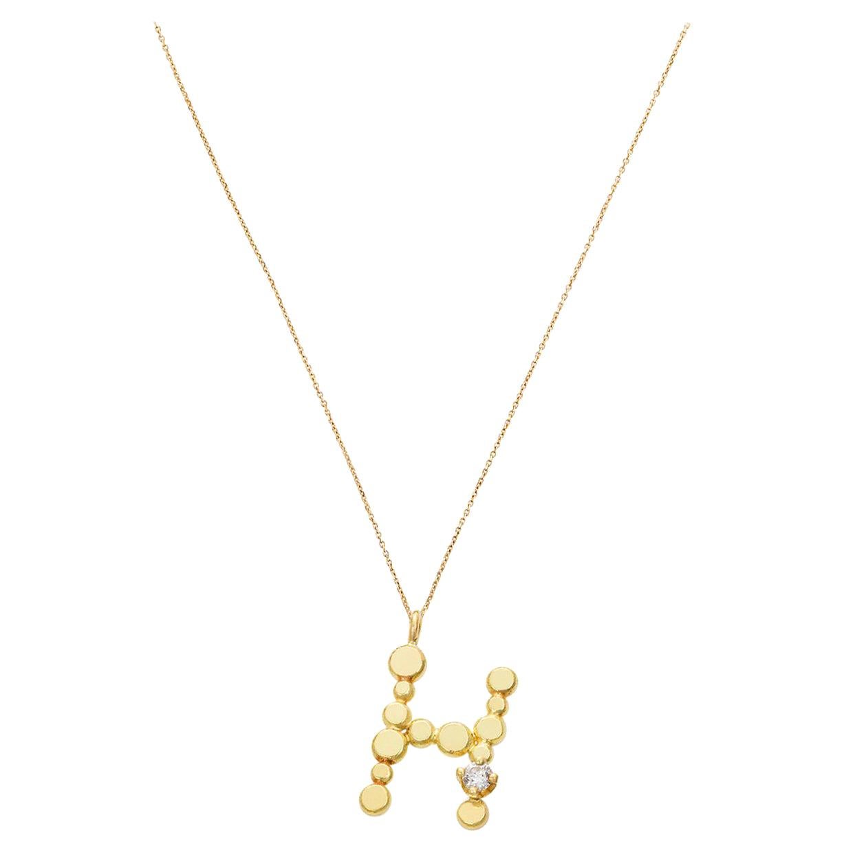 Sweet Pea Initial Letter Diamond and 18k Yellow Gold Letter 'H' Necklace For Sale