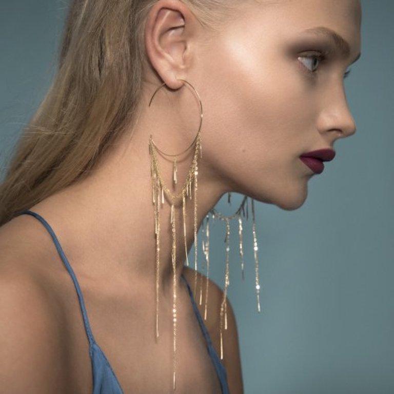 Contemporary Sweet Pea Sycamore 18k Yellow Gold Extra Long Hoop Earrings With Long Chains