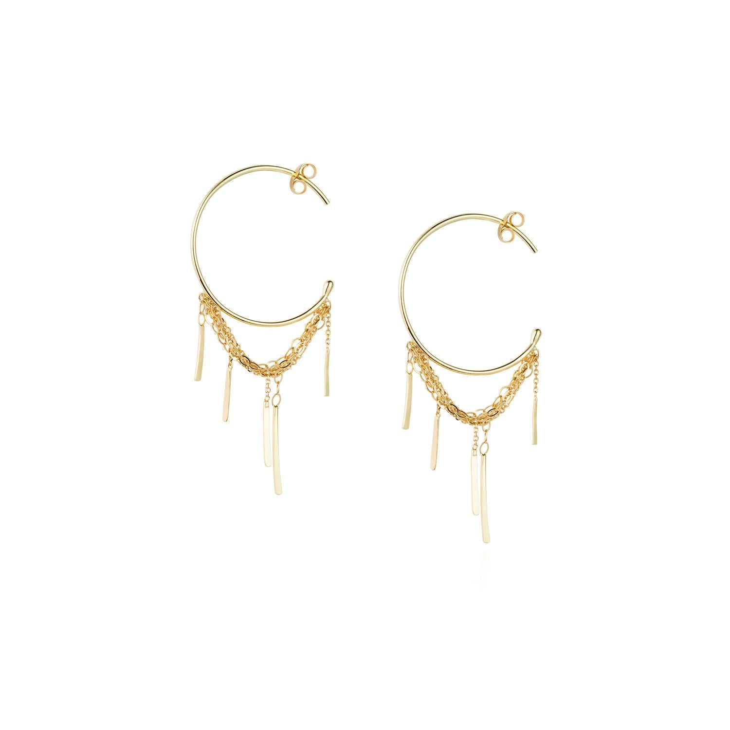 Sweet Pea Sycamore 18k Yellow Gold Medium Hoop Earrings With Chains and Bars For Sale