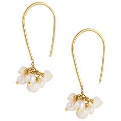 Sweet Pea White Pearl and Moonstone 18k Yellow Gold Cluster Hook Earrings