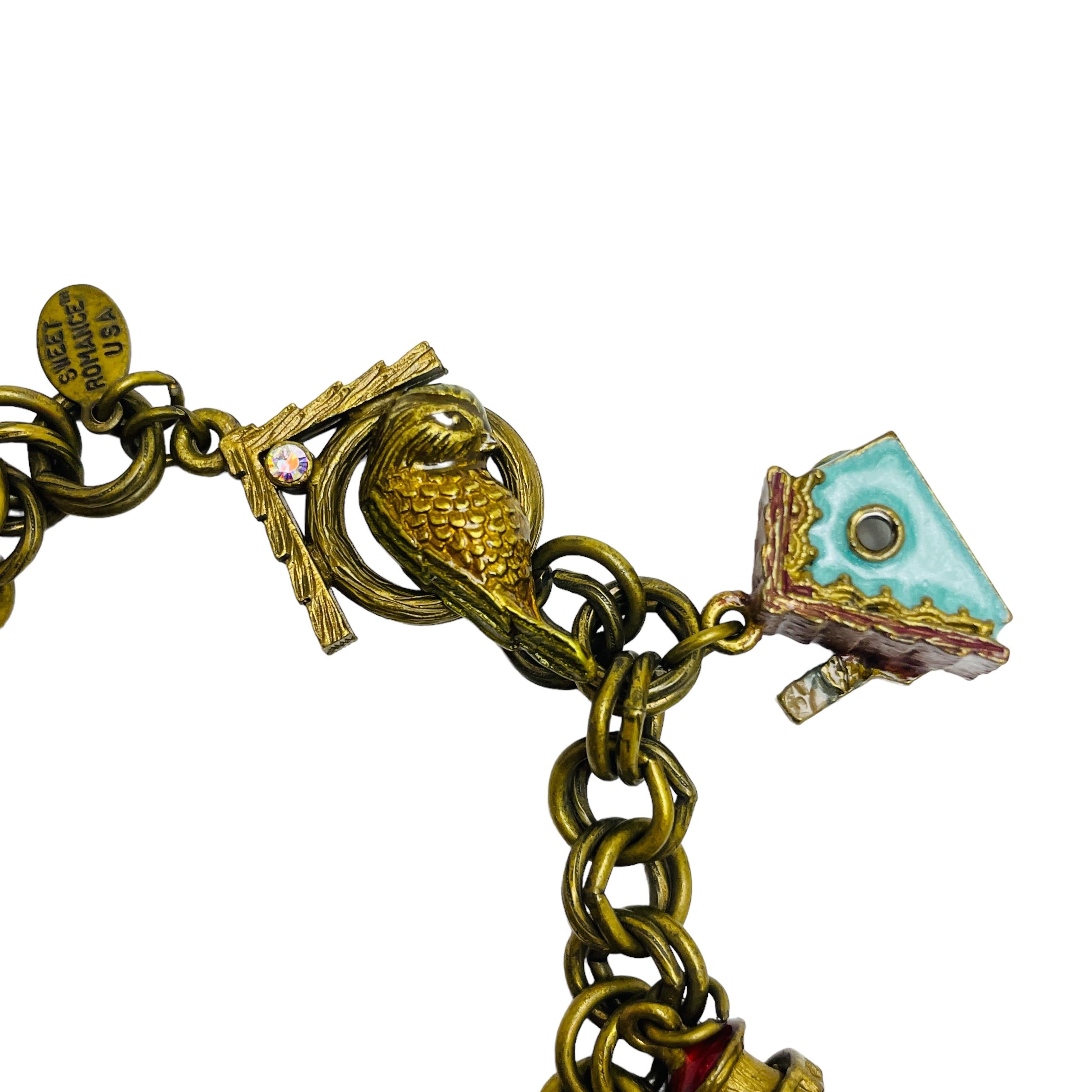 SWEET ROMANCE USA signed vintage enamel gold charm designer bracelet In Good Condition For Sale In Palos Hills, IL