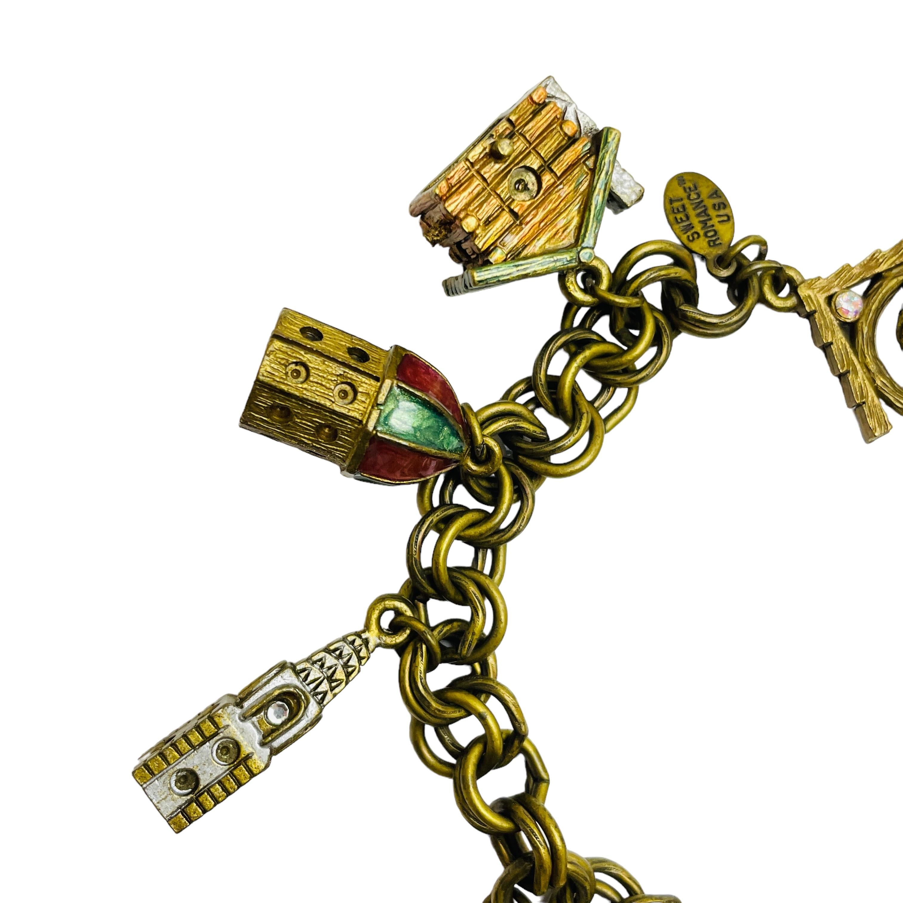 Women's SWEET ROMANCE USA signed vintage enamel gold charm designer bracelet For Sale