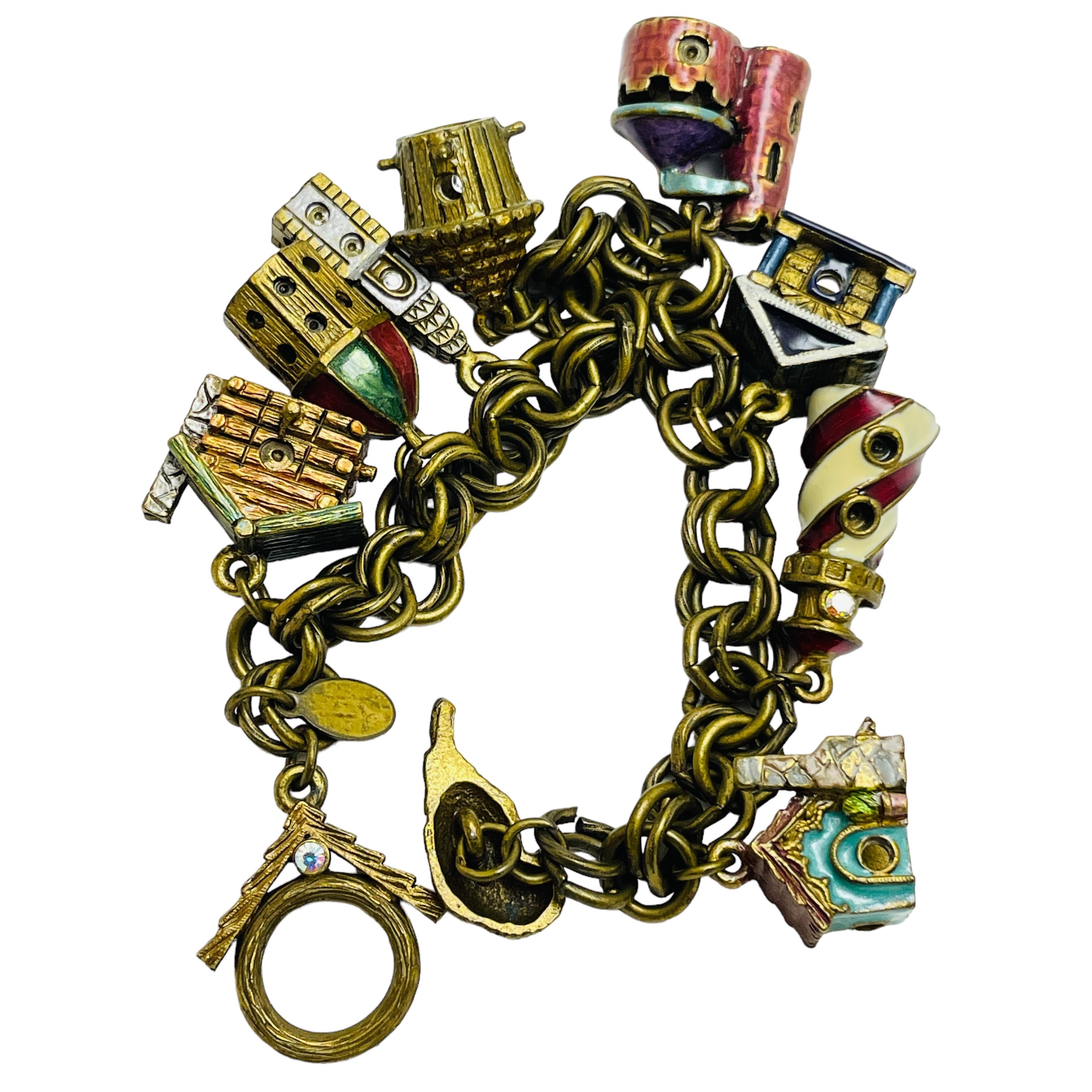 SWEET ROMANCE USA signed vintage enamel gold charm designer bracelet For Sale 2